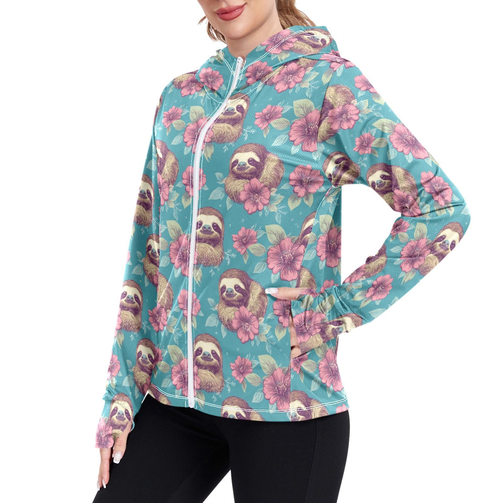 Womens Sun Protection Hoodie Jacket Lightweight Long Sleeve Zip Up Jackets for Women Clothing for Hiking Golf Cycling XXL Cute Sloths Teal Blue