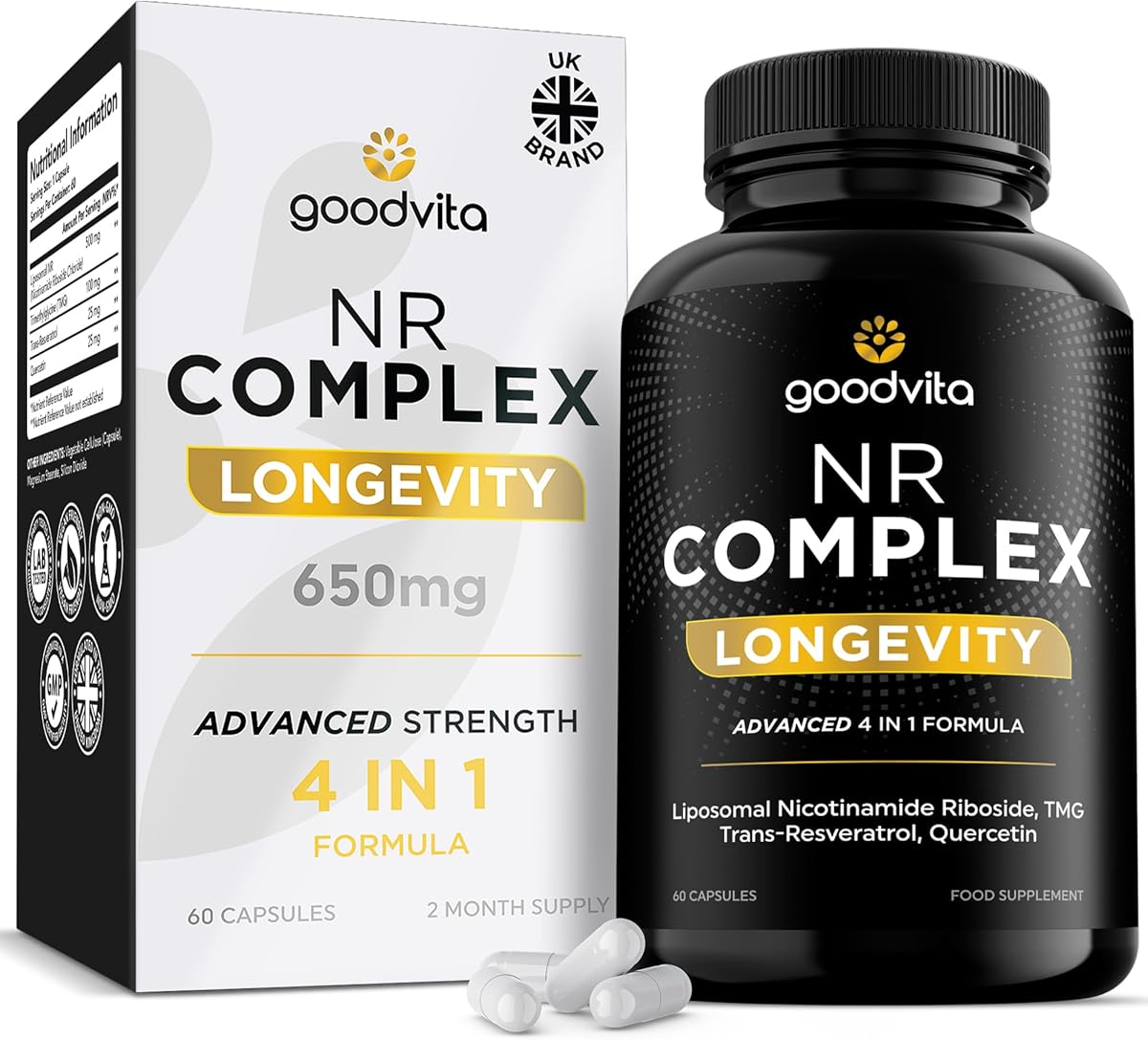 Nicotinamide Riboside NR Supplement (4 in 1 Complex) 60 Caps, 2 Months Supply | UK Made | Boost NAD+ Anti-Aging | TMG Resveratrol Quercetin | Liposomal Highest Bioavailability