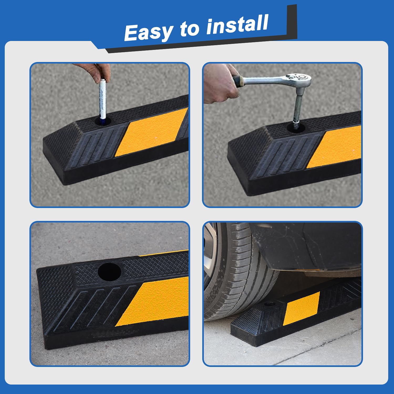 Lot de 4 bordures de parking avec bandes réfléchissantes jaunes, caoutchouc dur, dimensions : 55 x 15 x 10 cm, limite de place de stationnement, aide au stationnement pour montage au sol