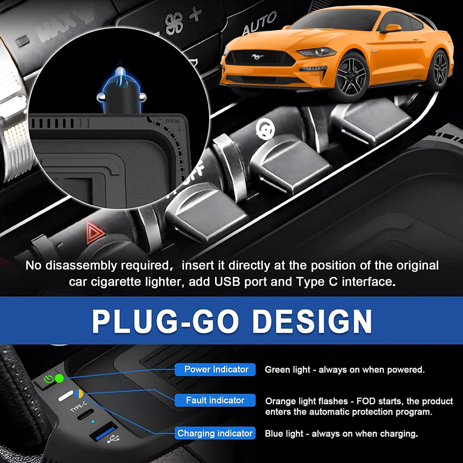 Caricatore Wireless Auto per Ford Mustang Coupe Convertible GT Shelby 2015-2023 Tutti i Modelli, 15W Qi Wireless Rapida Ricarica Telefono Pad con USB QC3.0 per iPhone 12/13 Samsung S22/S21