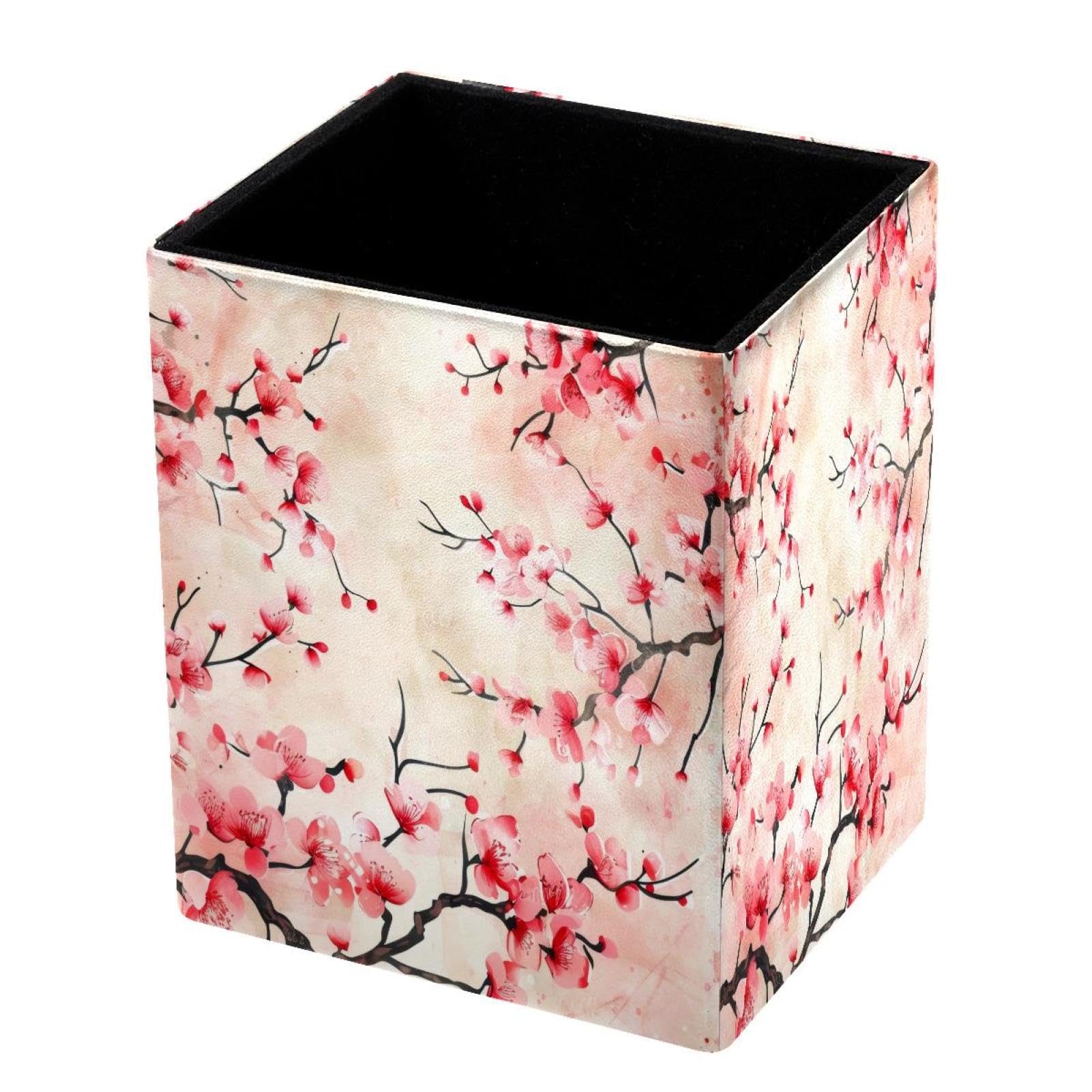 DragonBtu Desktop Pencil Holder, Cherry Blossoms Rectangular Pencil Cup, Pencil Storage Bag Office Desk Supplies Case for School, Kids