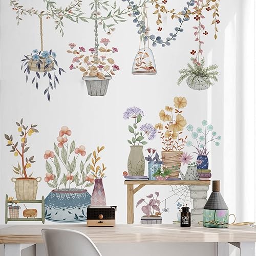 Miniatura 2 de Calcomanías de pared extraíbles para colgar en macetas, calcomanías de pared de plantas coloridas, calcomanías de pared con colgante floral de