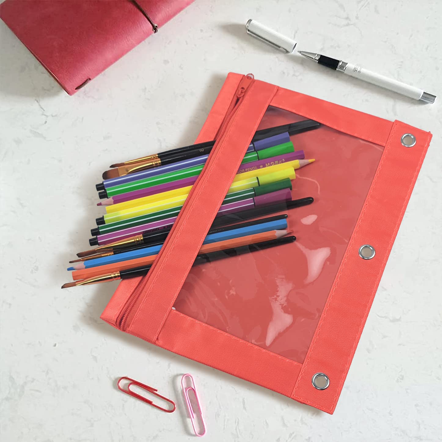 YoeeJob Confezione da 24 astucci a 3 anelli, con cerniera, portapenne con finestra trasparente, organizer per scuola e ufficio, 6 colori - 24 pezzi, 9.8x7.3 inches, Astuccio