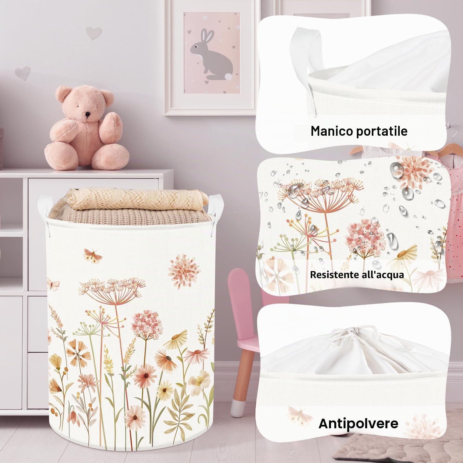 Clastyle Ceste Biancheria Donne Ragazze Fiore Cestino Giocattoli Vestiti Impermeabile per Bambini Cestino Portaoggetti per Bagno Cameretta Bucato, Bohémien, 40x50 cm