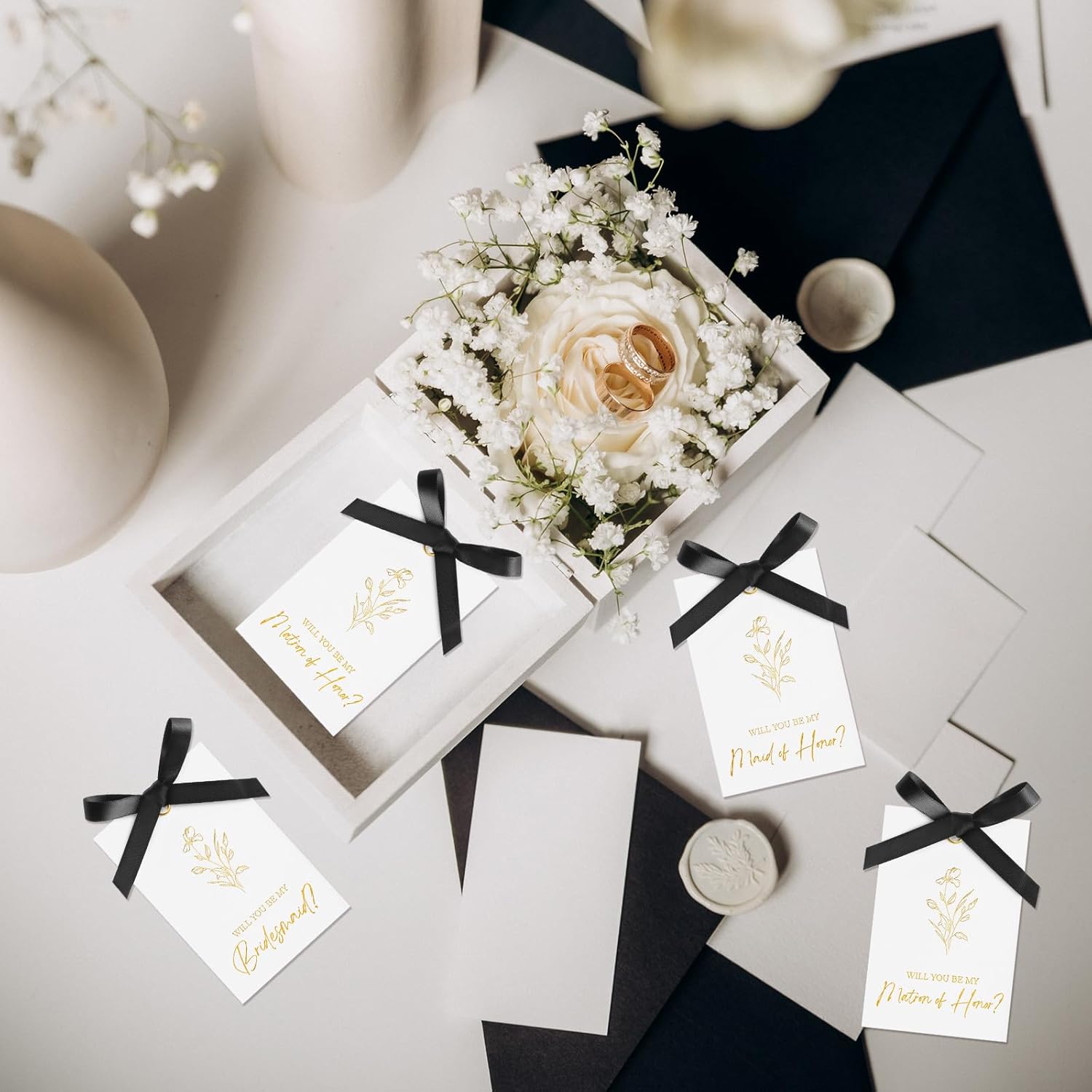 11 Pcs Bridesmaid Proposal Card with Ribbon Bow Floral Metallic Bridal Gift 8 Will You Be My Bridesmaid 2 Maid of Honor 1 Matron of Honor Invitation for Bridal Shower(White, Black) - Image 6