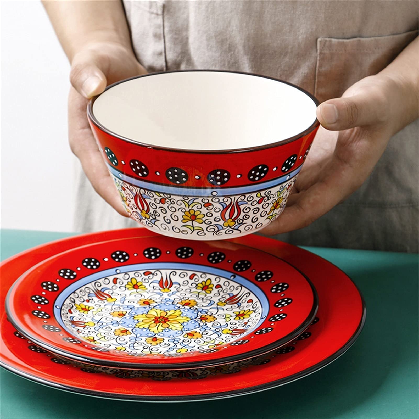 Miski do serwowania talerz ceramiczny salaterka materiał kreatywny zachodni talerz jedzenie siatka czerwony talerz okrągły talerz obiadowy rodzina talerz do steków miska na ryż miska na płatki (kolor: A)