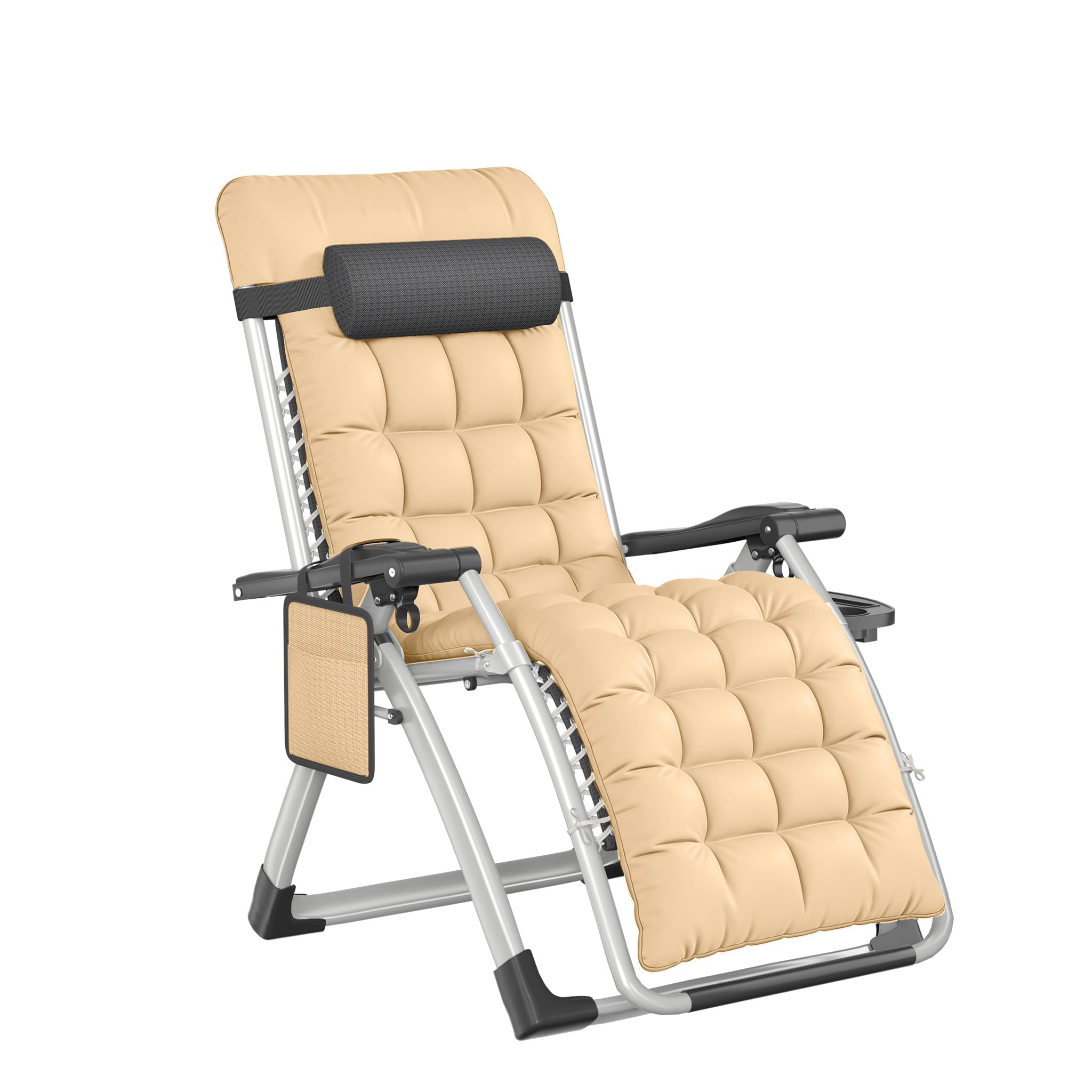 YEATHOR 1 Pack Sun Lounger for Garden Heavy Duty Zero Gravity Chair Padded Folding Deck Recliner 90-170° with Pillow, Cup Holder & Side Pocket Textilene Steel Frame 150kg Capacity, Beige