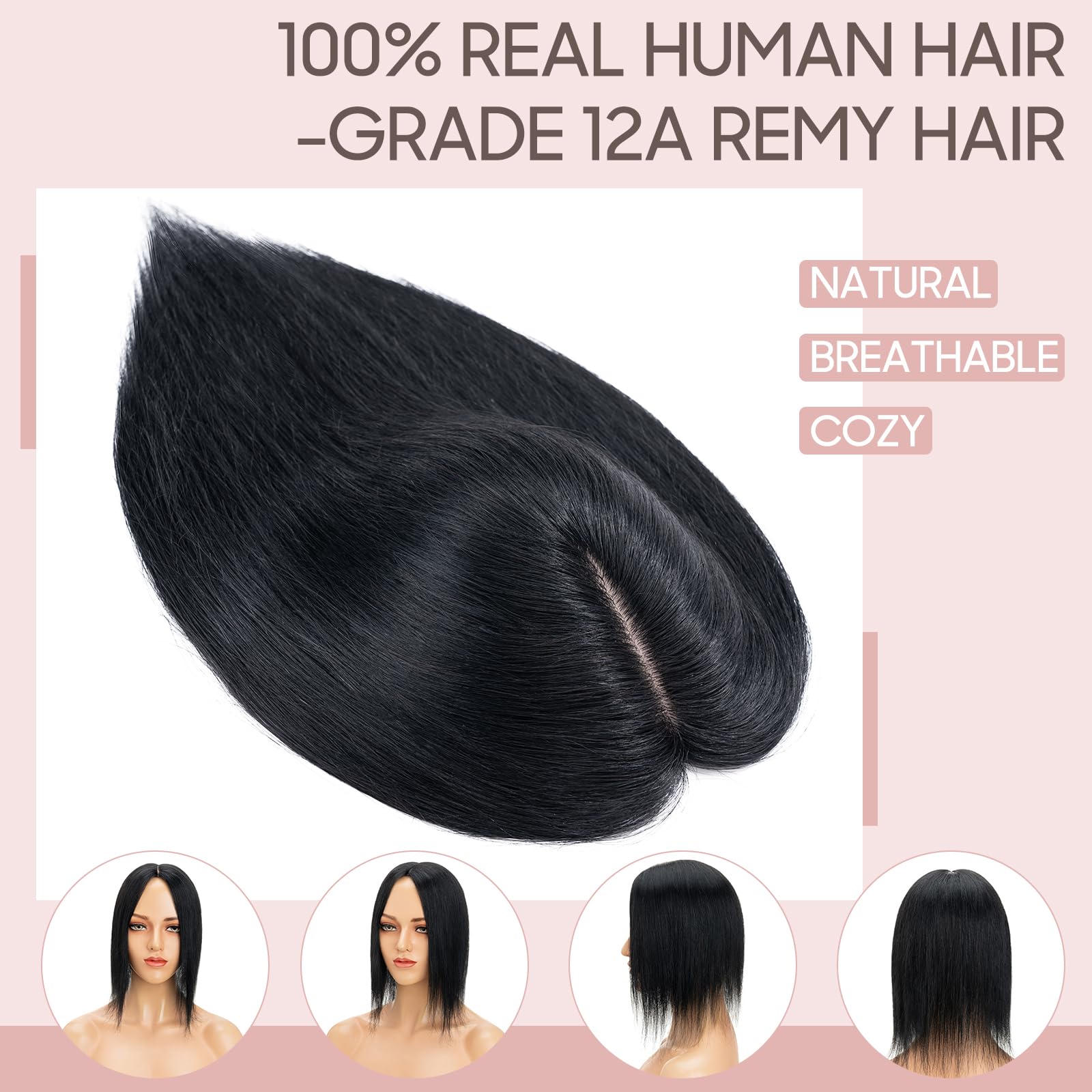 35 cm (45 g) Extensiones de Clip de Pelo Natural Prótesis Capilar Mujer Encaje 10cm*12cm 100% Remy Cabello Humano Flequillo Postizo Hair Topper #1 Negro Intenso