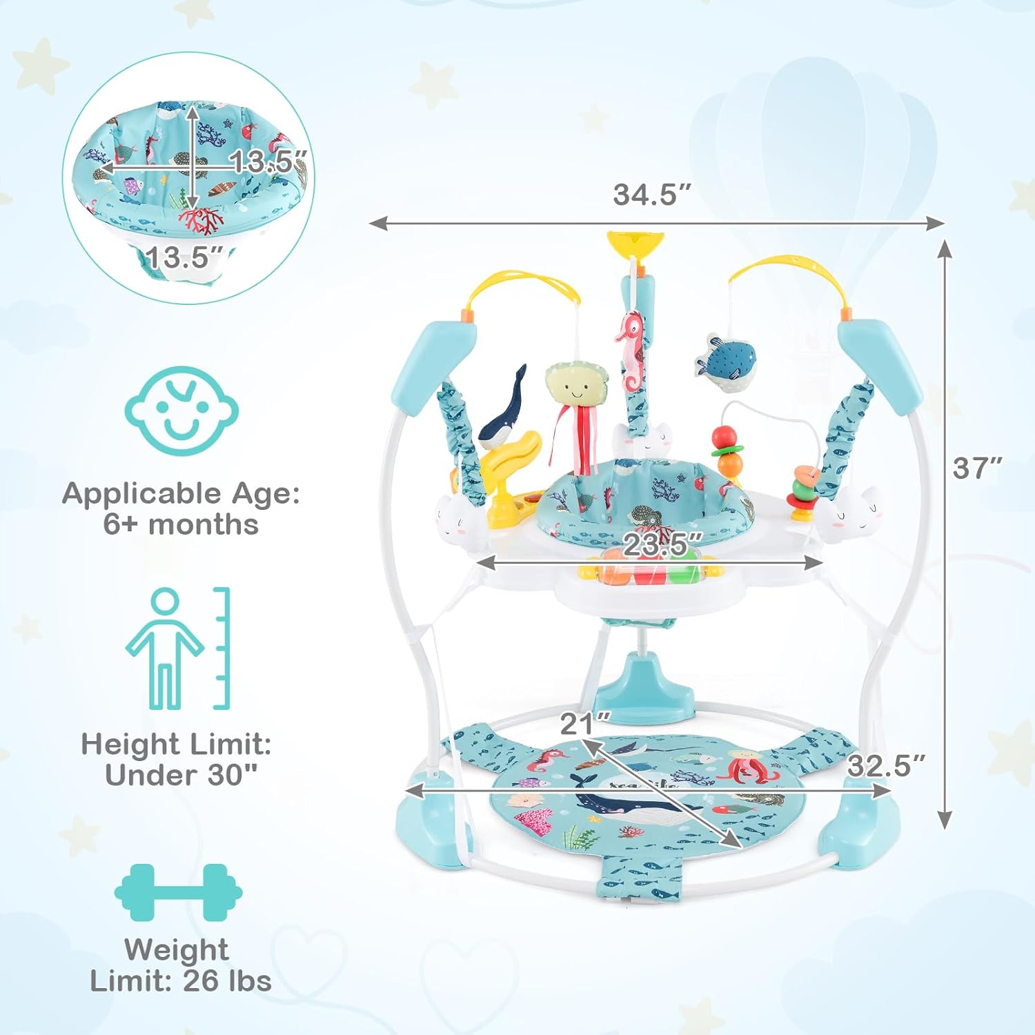 HONEY JOY Baby Bouncer Activity Center, Infant Jumper and Table w/ 360° Rotary Seat, 3 Adjustable Heights, Mat, Music, Lights, Sounds & Developmental Toys, Activity Center for Babies (Light Blue)
