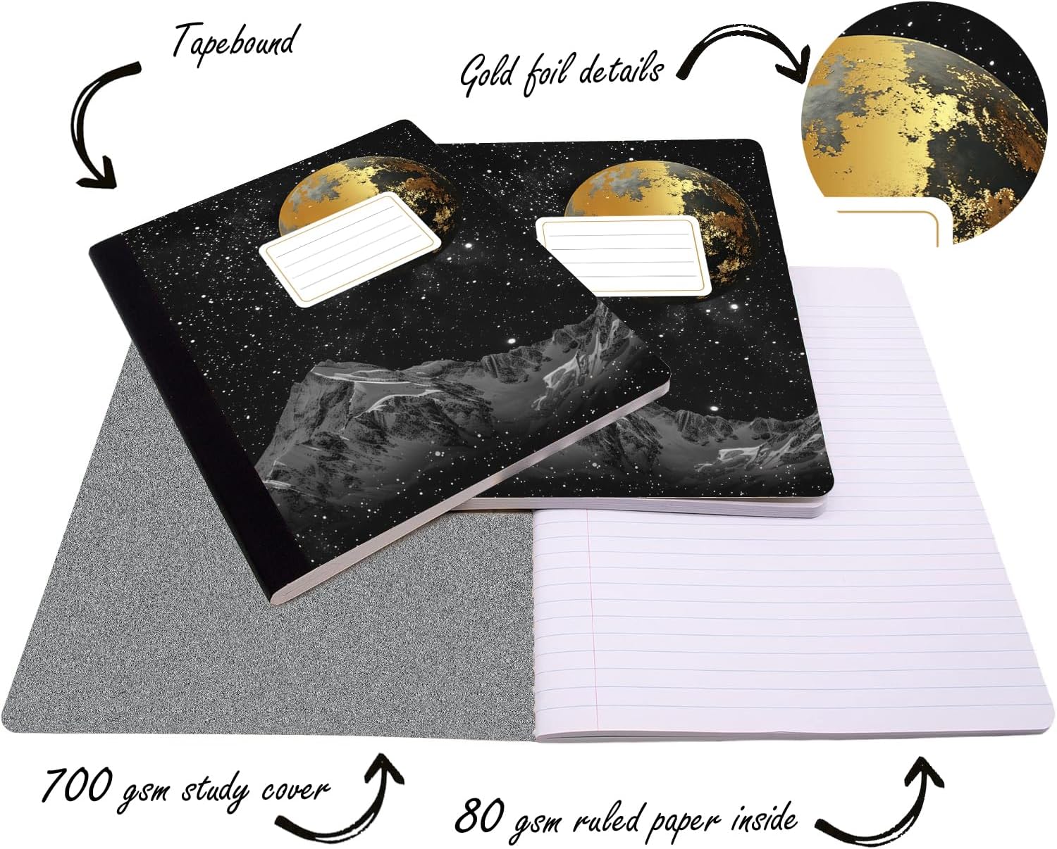 Jainzy Composition Notebooks, 6 Pack - 9.75 x 7.5 inches, College Ruled 140 Pages, Gold Foil Design
