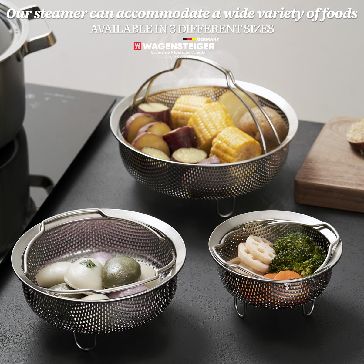 Cesta de vapor instantánea WAGENSTEIGER On-the-Go, construcción de acero inoxidable SUS304 de, colador perforado multiusos para frutas y verduras (8.7 pulgadas de diámetro)
