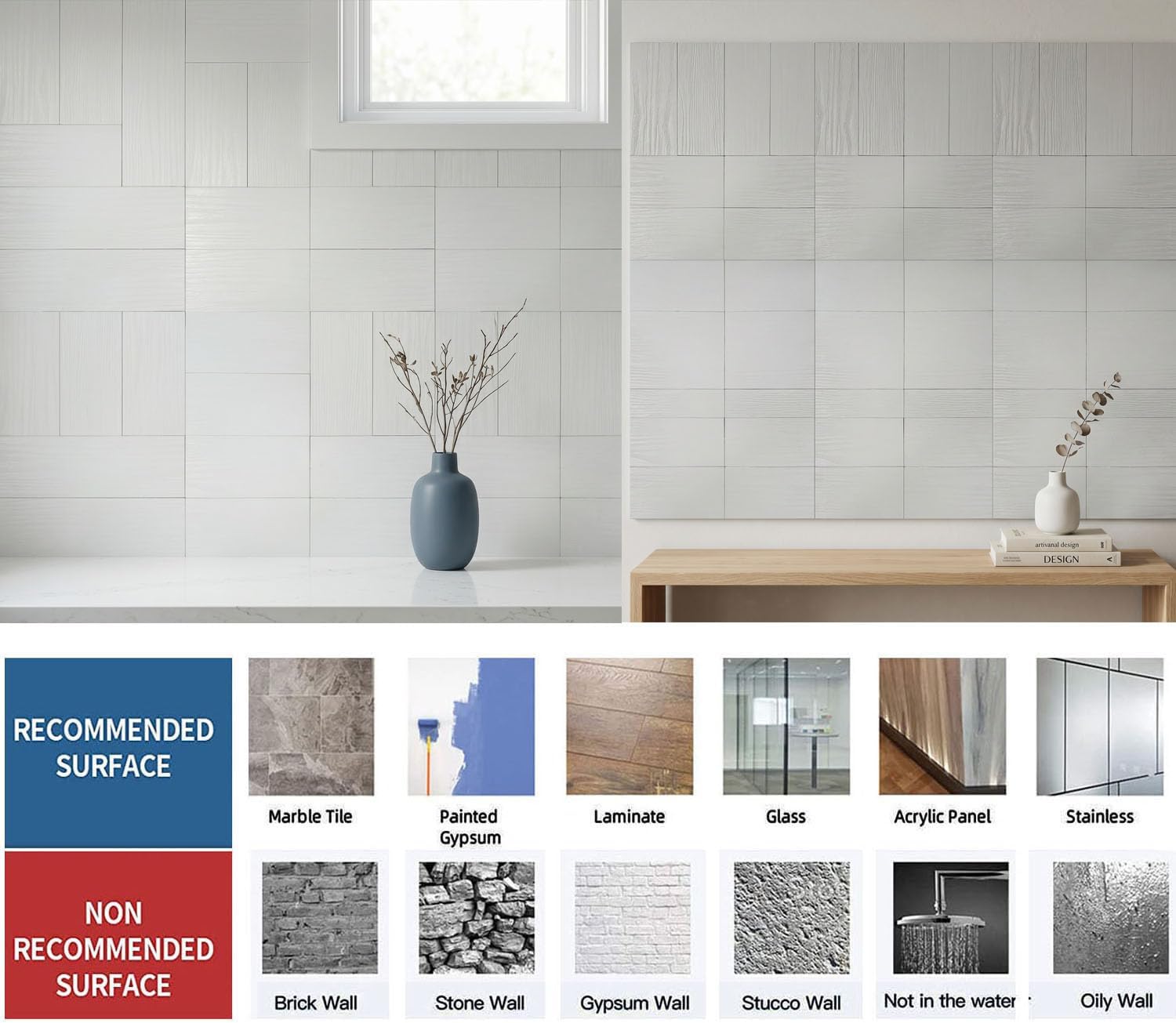 XUANINY 88-Piece Peel and Stick Metal Backsplash Tiles, Self Adhesive Aluminum Mosaic 3D Wall Sticker for Kitchen Subway(3"x6") (Rectangle) (Wooden White, 88)