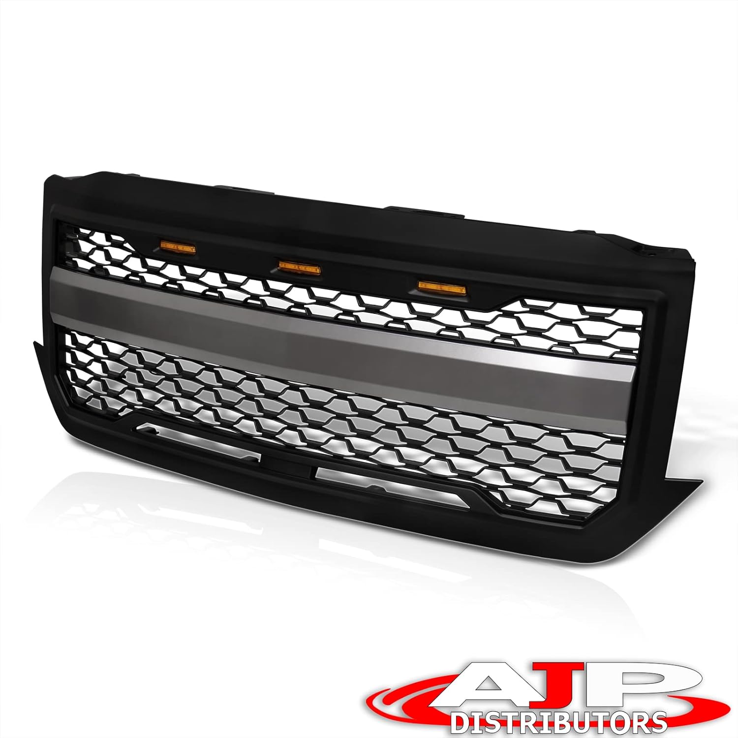 AJP Distributors Front Upper Hood Bumper Mesh Style Grille Cover Grill ABS + Amber LED DRL Running Lights Lamps Compatible/Replacement For Silverado 1500 Pickup Truck 2016 2017 2018 2019 16 17 18 19