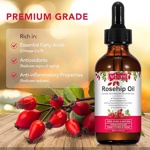 Miniatura 7 de A r b c r n Aceite de rosa mosqueta para cara, aceite de semilla de rosa mosqueta 100% puro prensado en frío para cabello, piel y uñas, 2 onzas