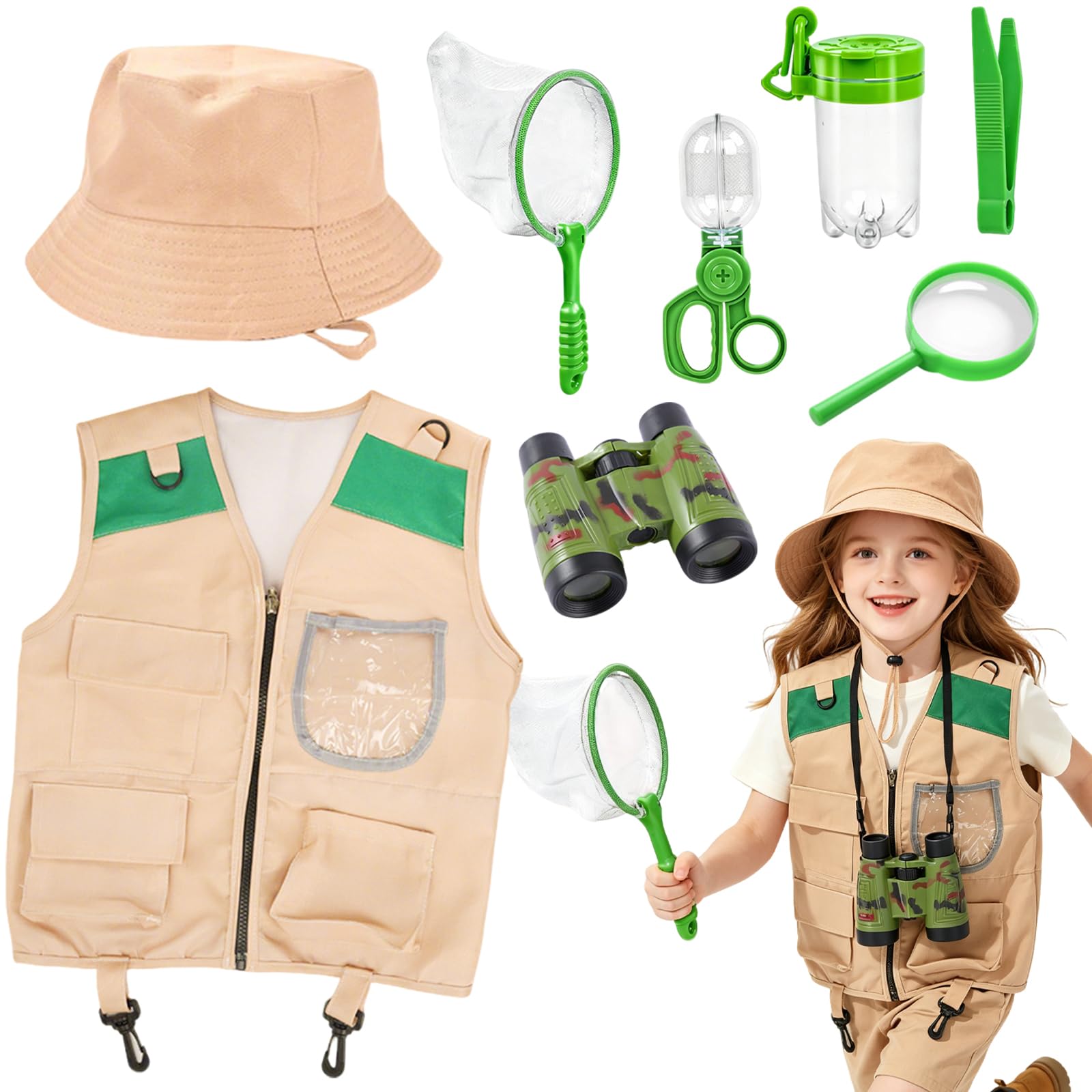 Explorer Costume Kids, 8 Pcs Explorer Kit with Safari Vest Pockets, Hat, Telescope, Bug Catcher Kit, Camping Gear for Kids Ideal Outdoor Camping Adventure Role Play Dress Up for Boys Girls 3-7 (Green)