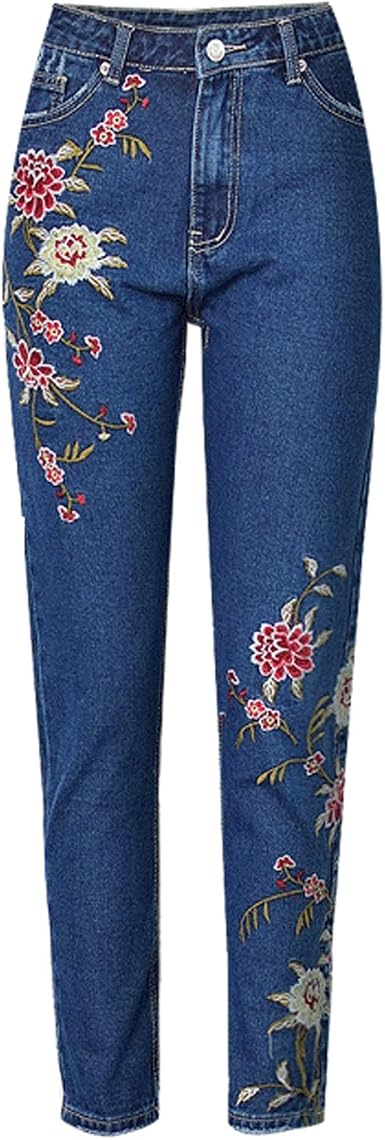 Amazon.com: Jeans para mujer, pantalones de mezclilla rectos con bordado  floral 3D, cintura alta, pantalones de mezclilla sueltos : Ropa, Zapatos y  Joyería