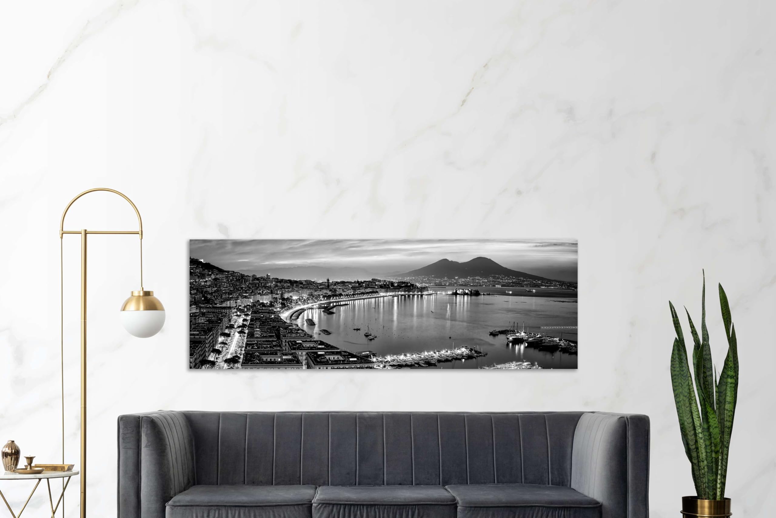 Panorama golfo di Napoli bianco e nero - Quadro Stampa su Tela con Telaio in legno - 150x50 cm
