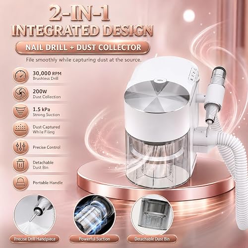 2-in-1 Nail Drill and Dust Collector, 30000 RPM, Portable | Portable Manicure E-File with Extension Hose, ≤68 DB Vacuum Suction, Variable Speed and Forward/Reverse for Acrylic Gel Nails - 2