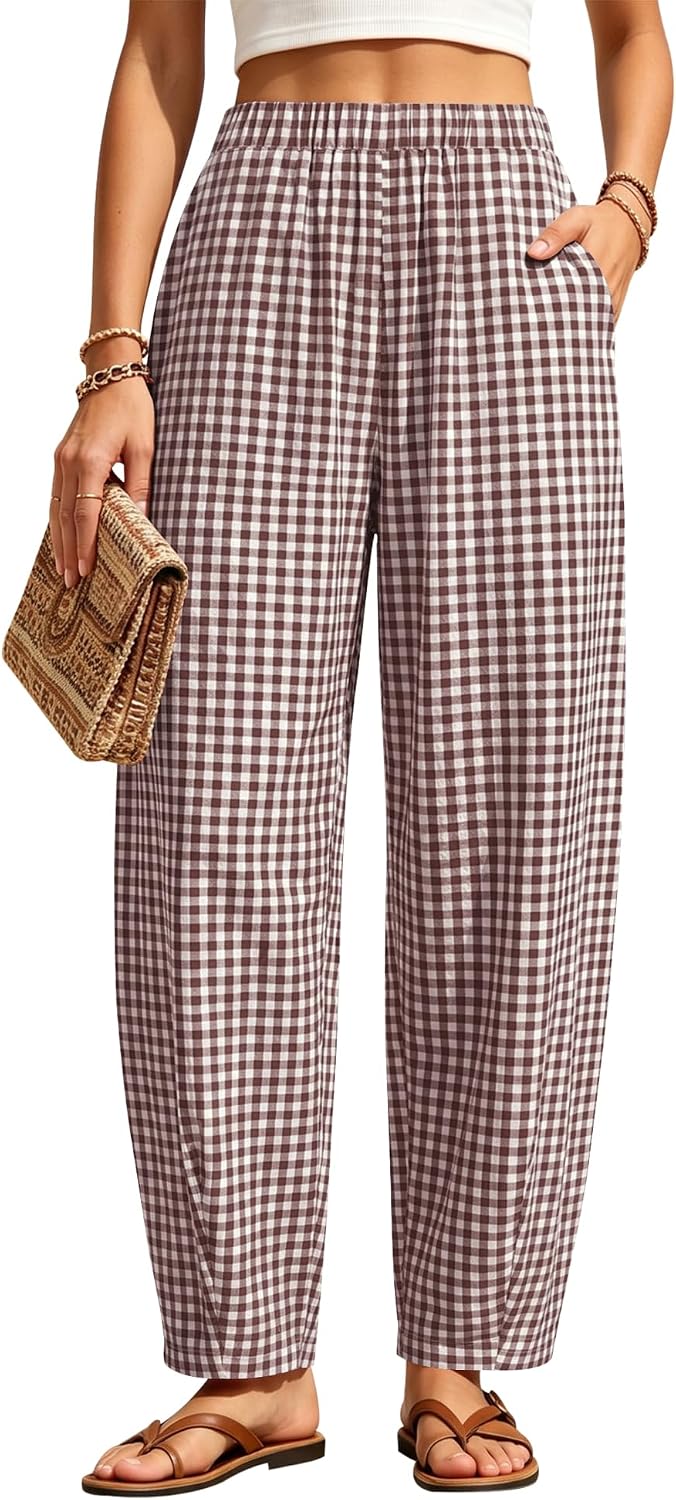  Women Summer Barrel Harem Pants Baggy Tapered Leg Plaid Gingham Striped Trousers Bottoms with Pockets Casual Outfits