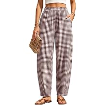 LOMON Womens Barrel Harem Travel Pants Baggy Casual Gingham Striped Bottoms | Summer Tapered Wide Leg Palazzo Trousers with Pockets Vacation Beach Outfits