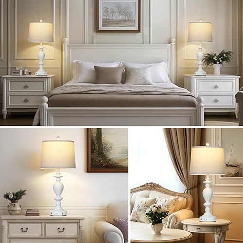 Miniatura 6 de Juego de 2 lámparas de mesa blancas de 28 pulgadas con puertos USB C+A y salida de CA para sala de estar vintage, dormitorio rústico, lámpara táctil