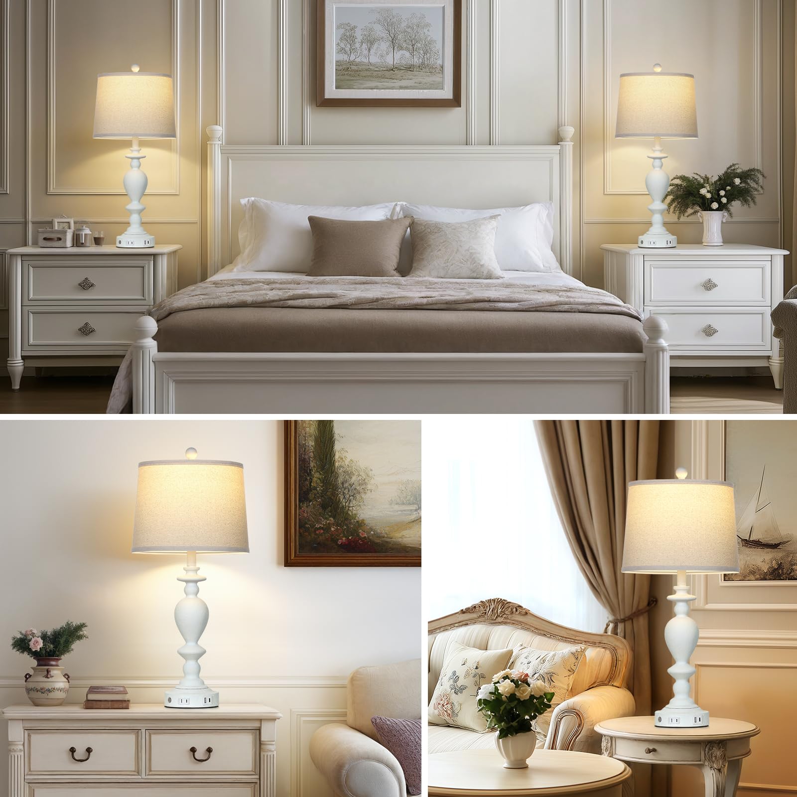 Cinkeda 27.5" Tall Farmhouse Table Lamp – Vintage Wash-White Nightstand Lamp With USB A/C Ports, AC Outlet, 3-Way Touch Dimmer For Bedroom & Living Room (Beige)