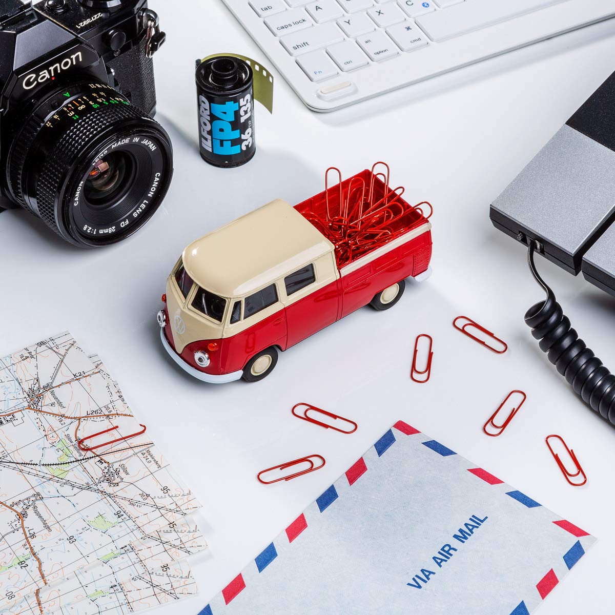 Magnetischer Büroklammerspender kompatibel mit VW Bus T1 Transporter Pritschenwagen inkl. Büroklammern – Mobile Office (rot)