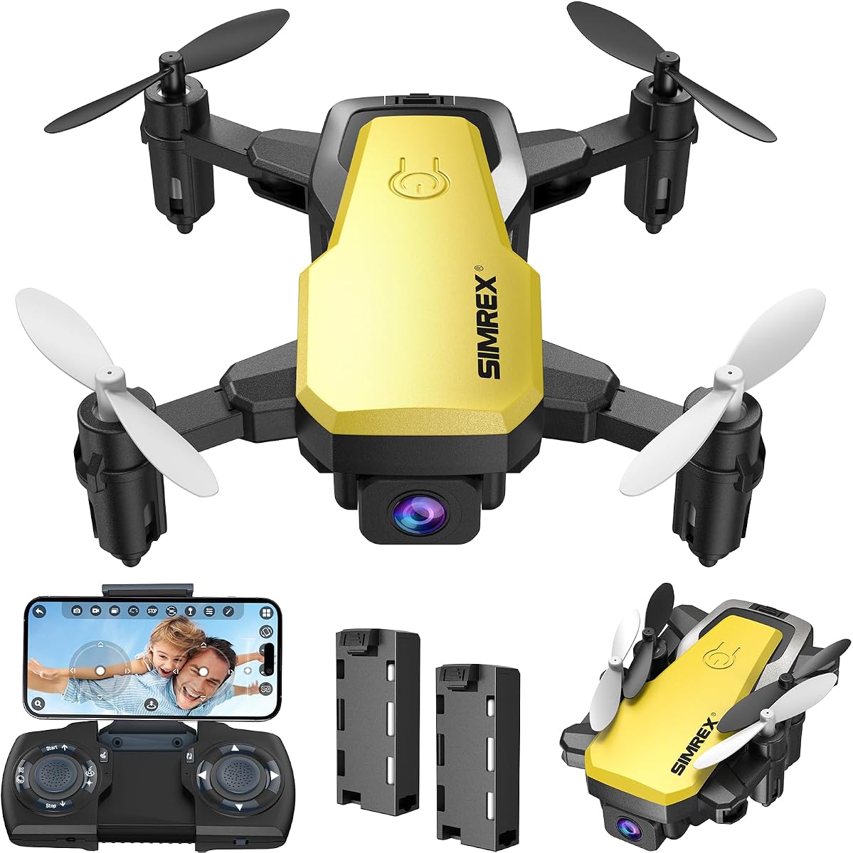 SIMREX Mini Drone with 720P Camera for Kids & Beginners - Foldable RC Quadcopter, Optical Flow Positioning, Altitude Hold, 3D Flip, 2 Batteries 20Min Flight, Safe & Easy Indoor Outdoor Flying Toy Gift, Yellow