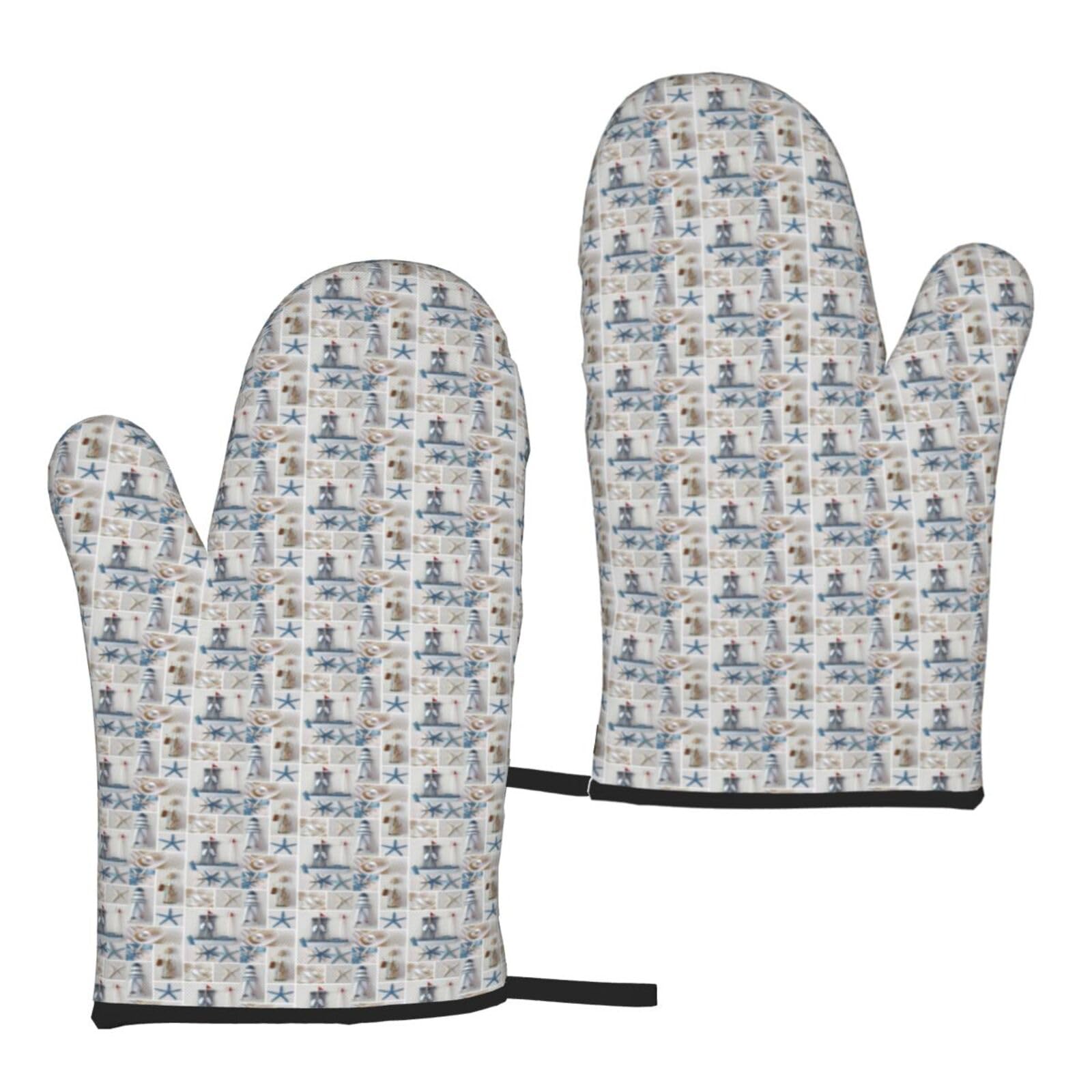 Bottle Seashell Starfish Lighthouse Print Universal Fit Comfort Gloves Protection Heat Resistant Oven Kitchen Baking Grilling