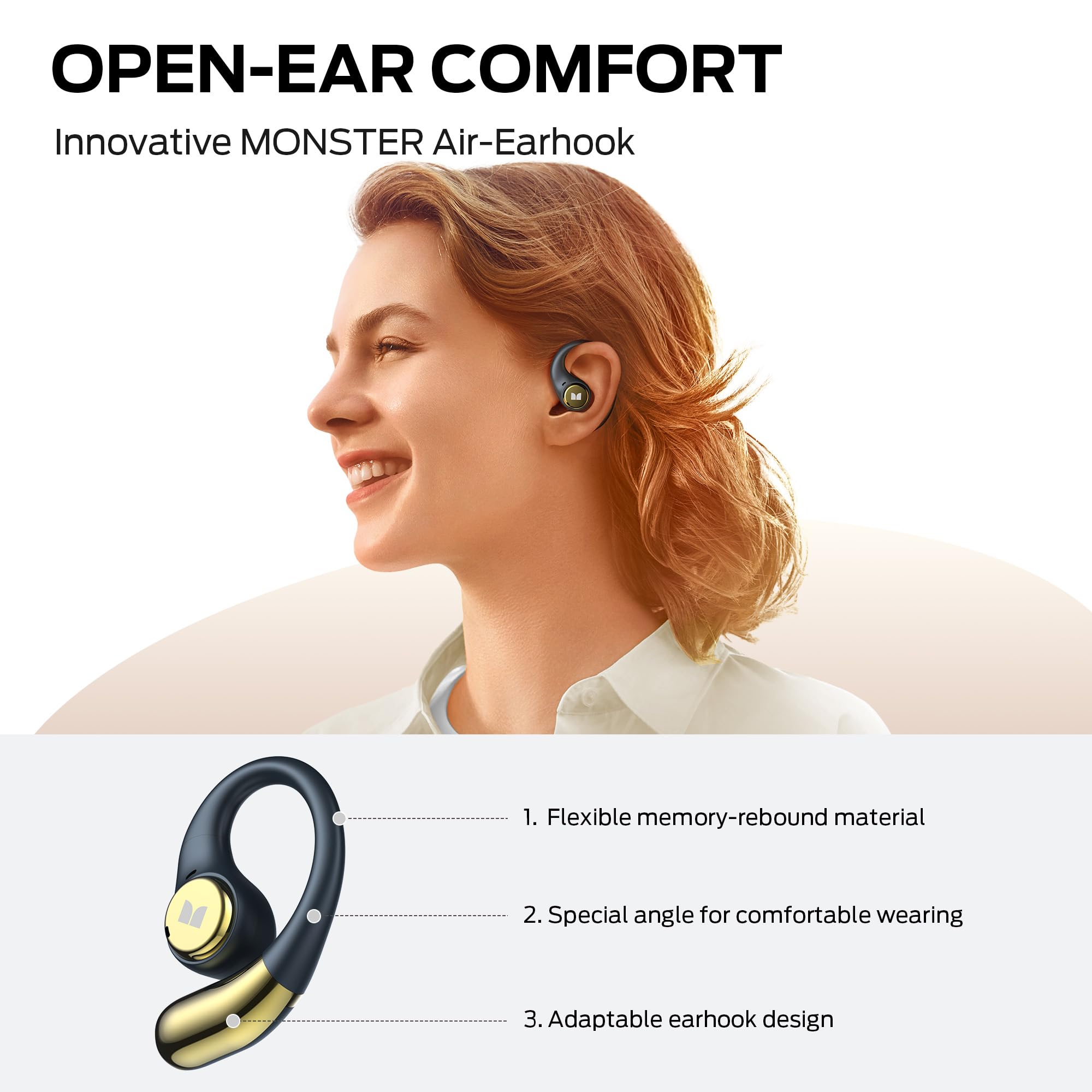 Monster Open Ear AC336 Headphones, Bluetooth 6.0 Wireless Earbuds with Stereo Sound, ENC Clear Call, 21H Playtime, Type-C Charging, Touch Control, IPX6 Waterproof Open Ear Earbuds for Outdoor - 5