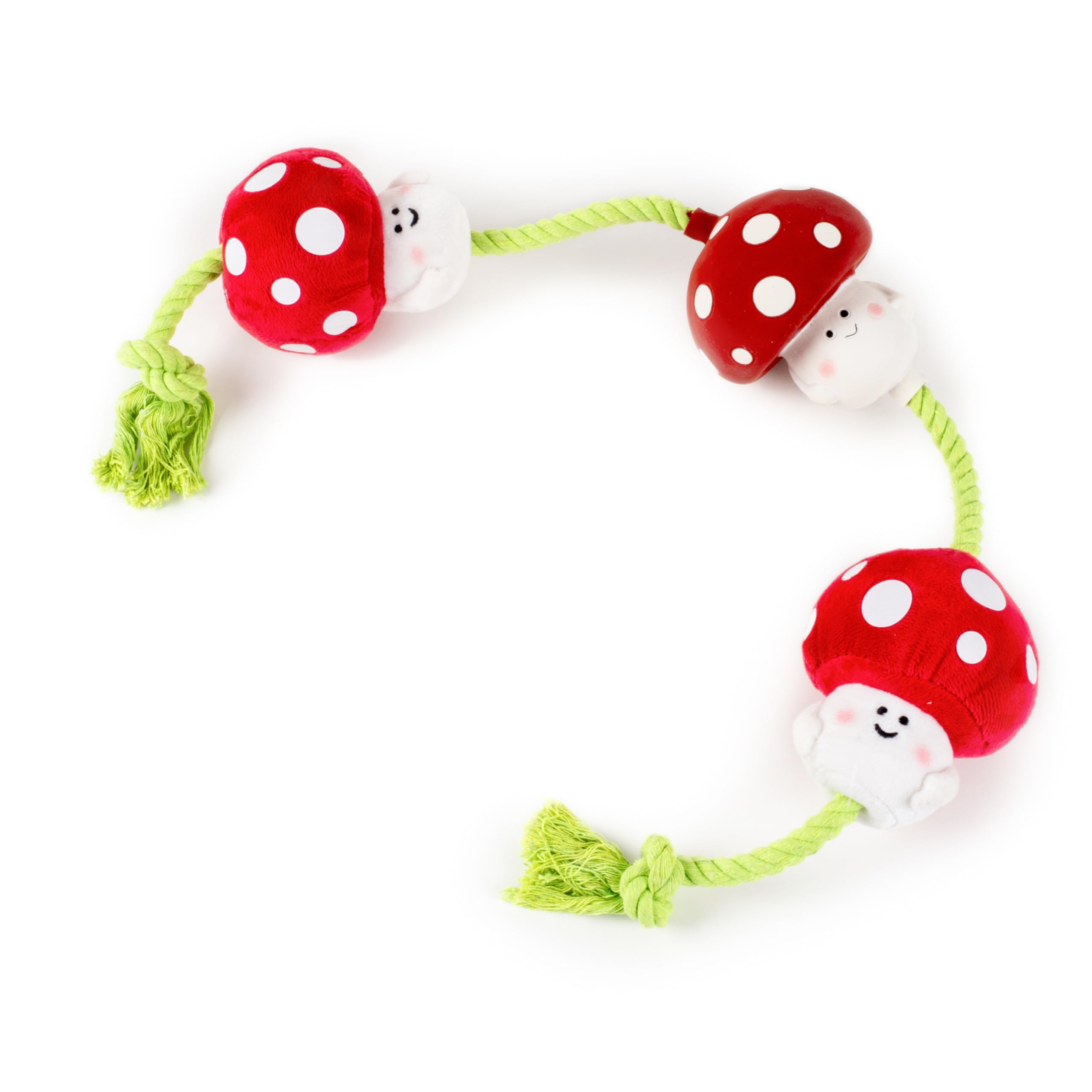 Fuzzl Tugga Magic Shrooms Dog Toy 75cm - Rope Latex and Plush Dog and Puppy Throw Fetch and Tug with Squeaker Mushrooms Enrichment