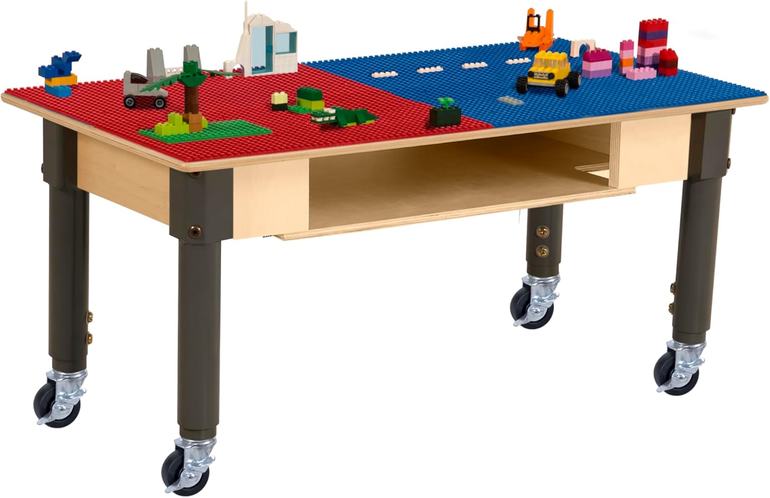 Time-2-Play 30.75"x15.5" Rectangular School Activity Table, Red & blue Lego compatible Play Table with Built-in Storage N Wheels for Kids, 12”-17” Adjustable Legs [Rolling Casters Included]