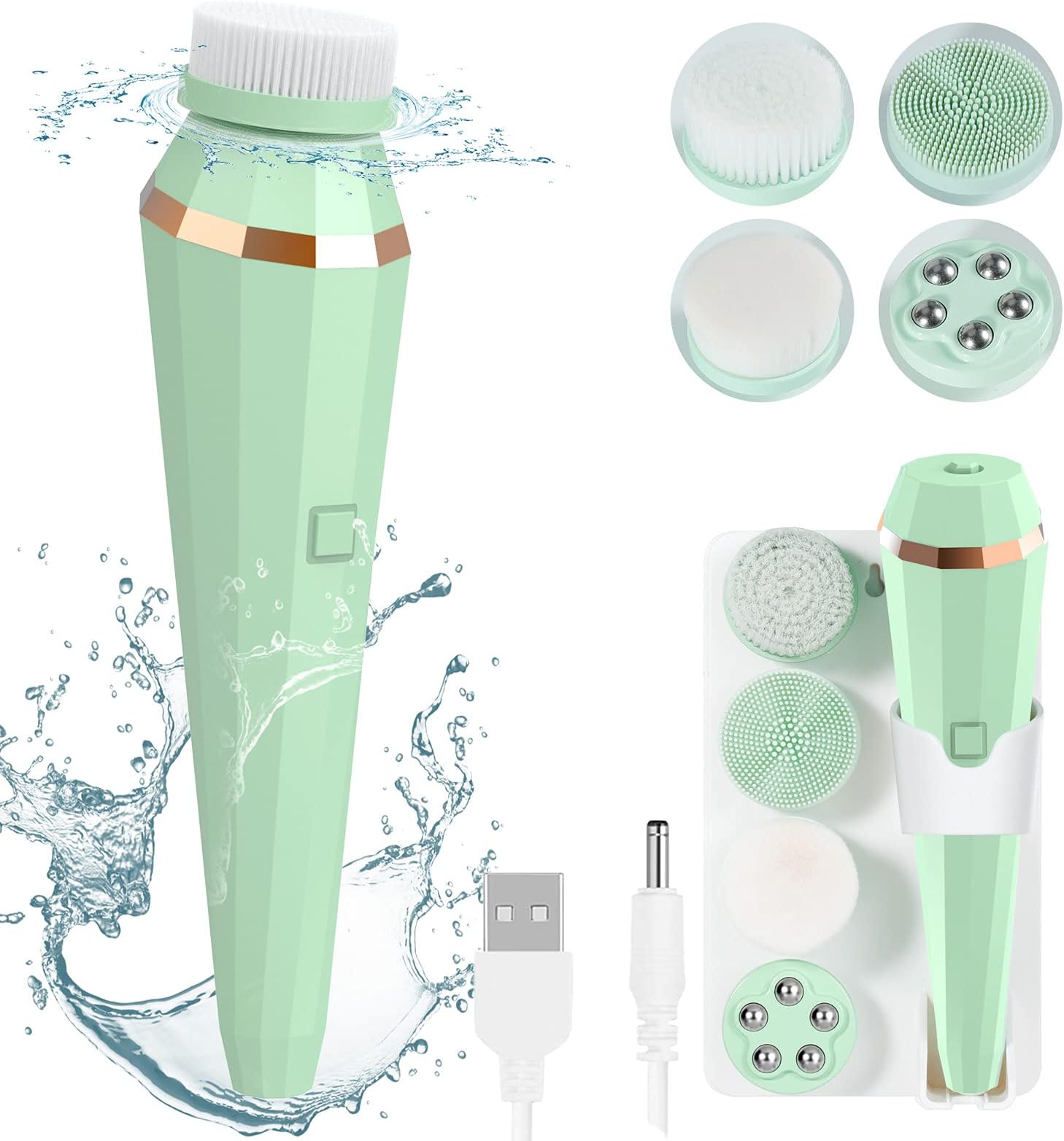 Facial Cleansing Brush, Xawy& Rechargeable Waterproof Face Brush 360° Spin Face Scrubber with 3 Modes 4 Face Brush for Deep Cleansing, Gentle Exfoliating, Removing Blackhead, Massaging
