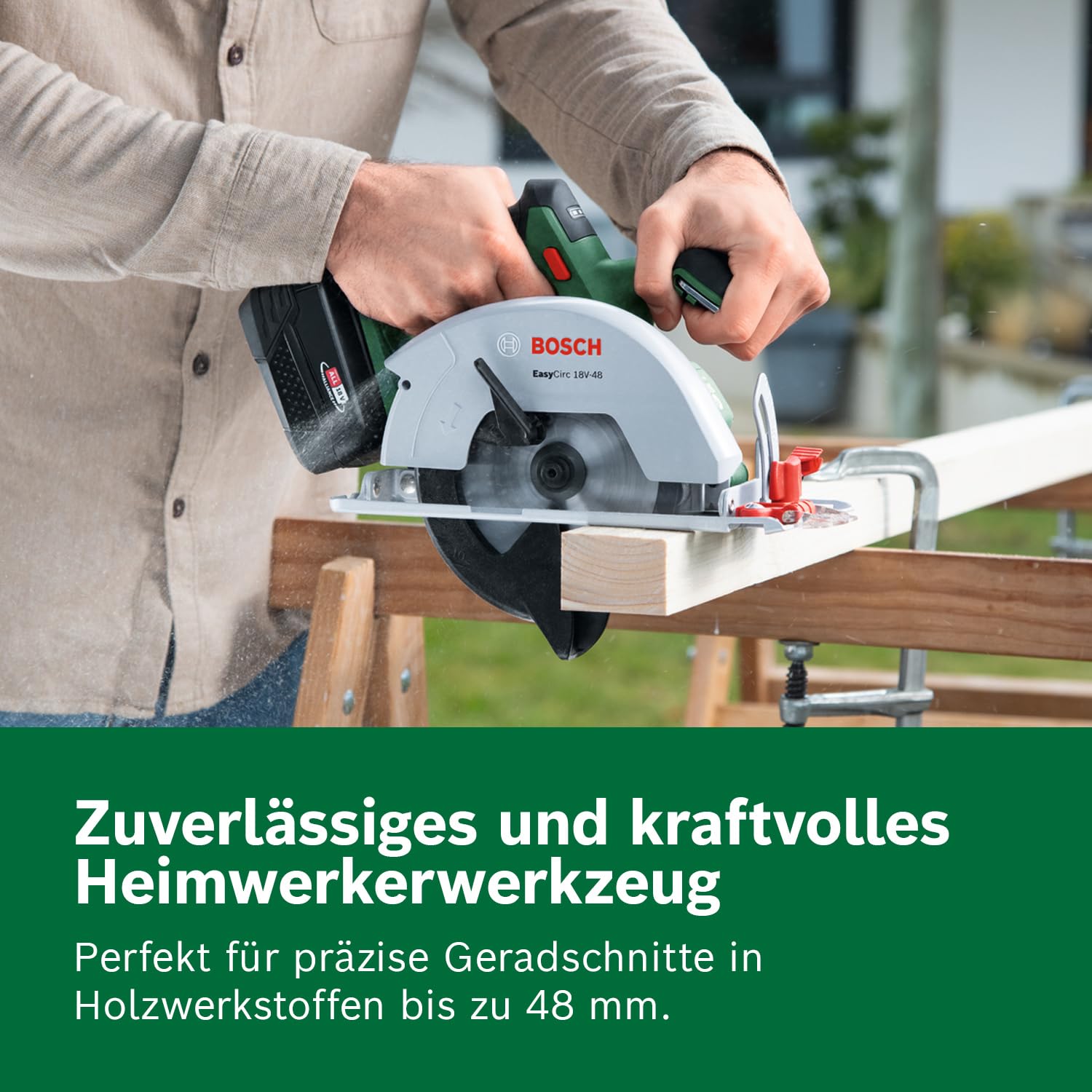 Bosch 18V System Akku-Kreissäge EasyCirc 18V-48 (Schneiden von Holzwerkstoffen bis 48 mm; inkl. Absaugadapter, Parallelanschlag)