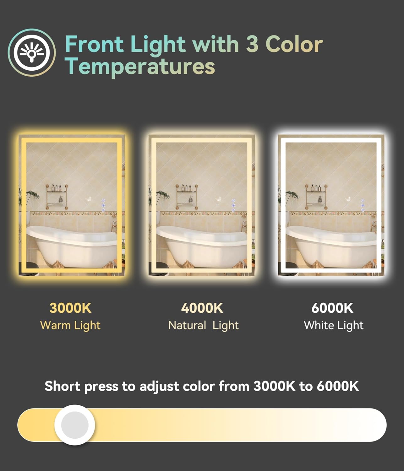 30x24 inches LED Bathroom Mirror Anti Fog Adjustable Brightness RGB Backlit and Front Lighting Wall Mounted Vanity Mirror with Memory Function Waterproof Tempered Glass Stylish and Functional