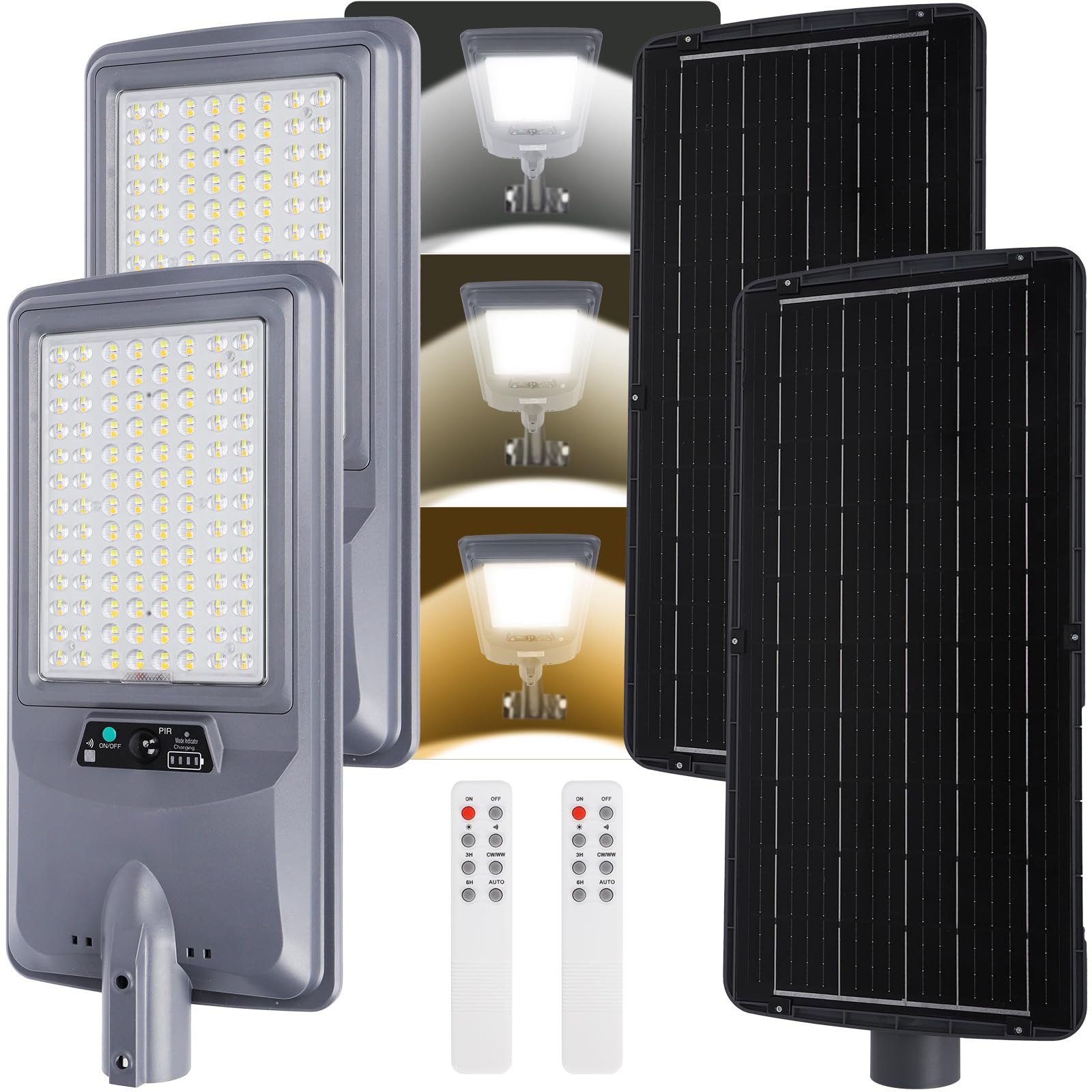 Aigostar 300W Lampione Solare LED Esterno, Batteria ad alta capacità da 15000 mAh, 3000K/4500K/6500K, 3000LM, IP65, Luce Solari da Esterno con Sensore di Movimento, Supporto palo non incluso, 2Pz