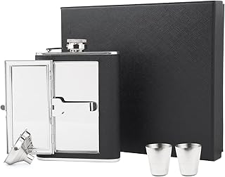 Stainless Steel Hip Flask, Hip Flasks for Liquor with Black Leather Cover Including 2 Cups & Funnel, Flasks for Liquor for Men Gift Box (6 Ounce)