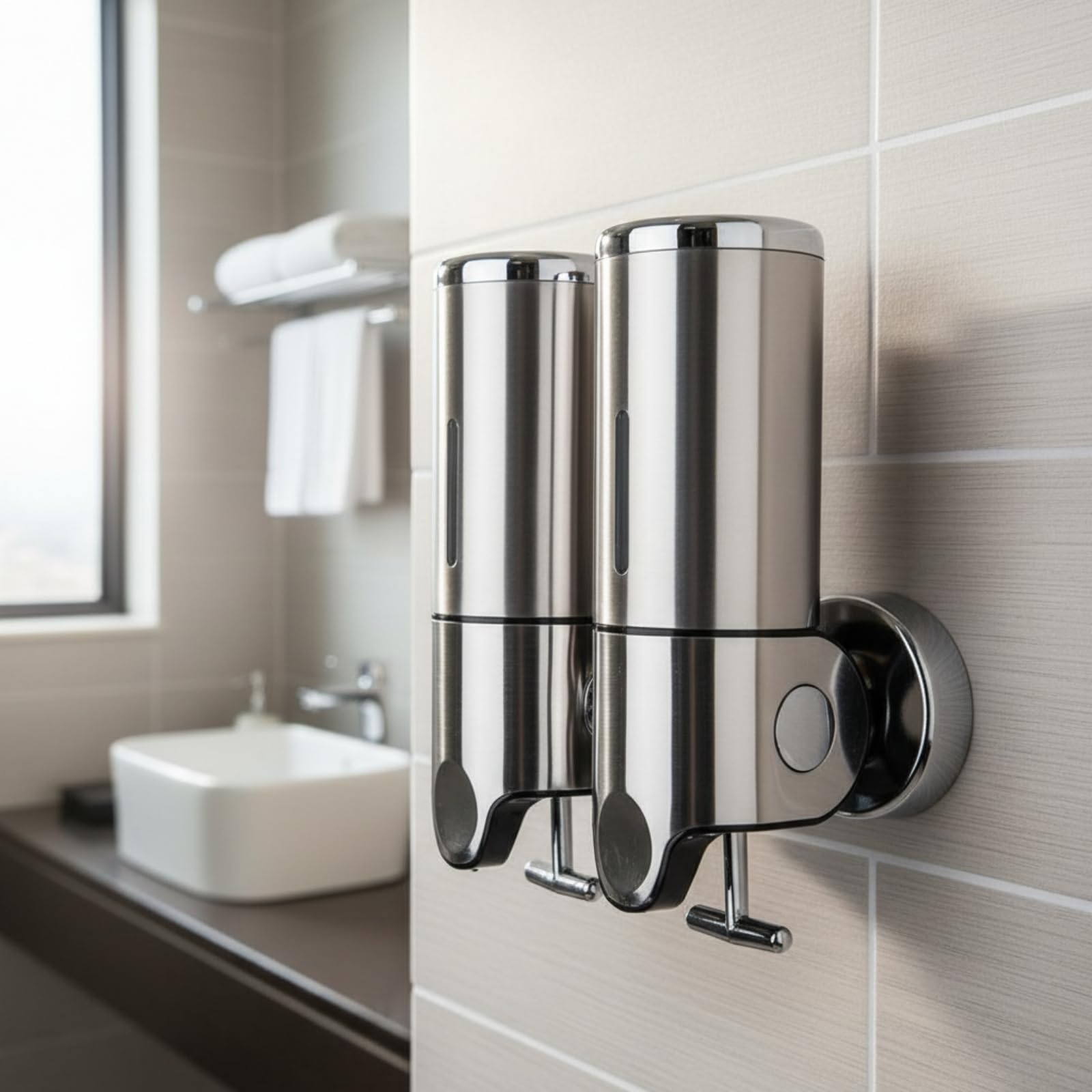 Dispenser di Sapone a Muro, Stile Moderno Minimalista, Acciaio Inossidabile, Doppio Dispenser