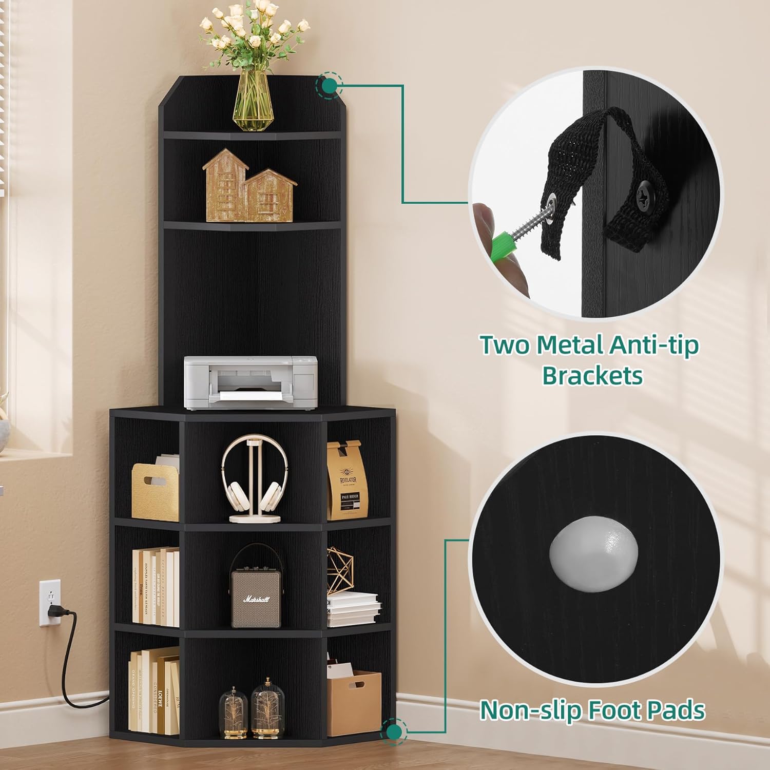 YITAHOME Corner Shelf with USB Ports & Outlets, Industrial Corner Storage Cabinet Rack Charging Station, Wooden Display Bookshelf Bookcase for Living Room, Bedroom, Dining Room, Kitchen, Black