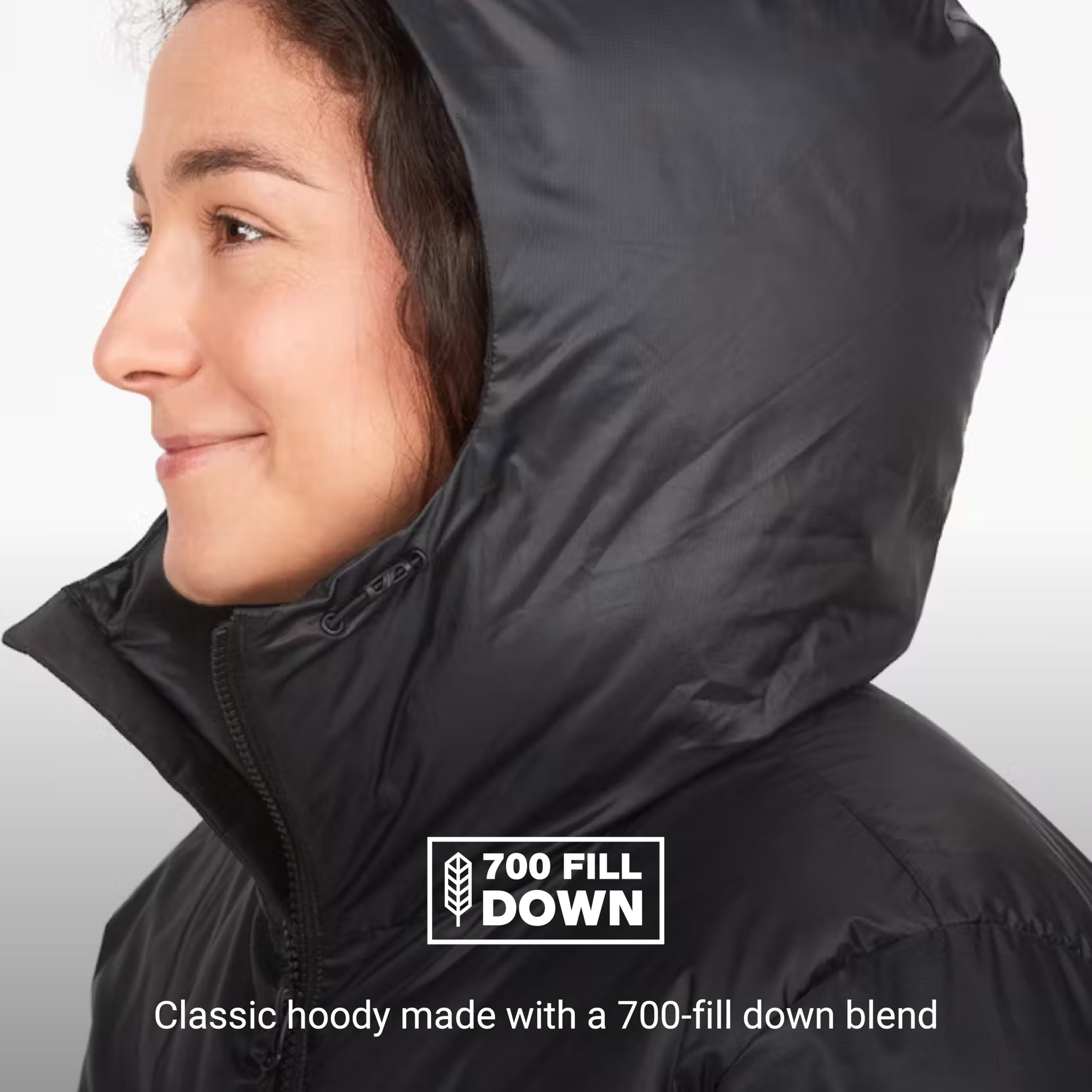 Marmot Mujer Wm's Guides Down Hoody, Cálida chaqueta ligera de plumón para invierno, acolchada repelente al agua, funcional con cortaviento, pequeña plegable con capucha, Black, L