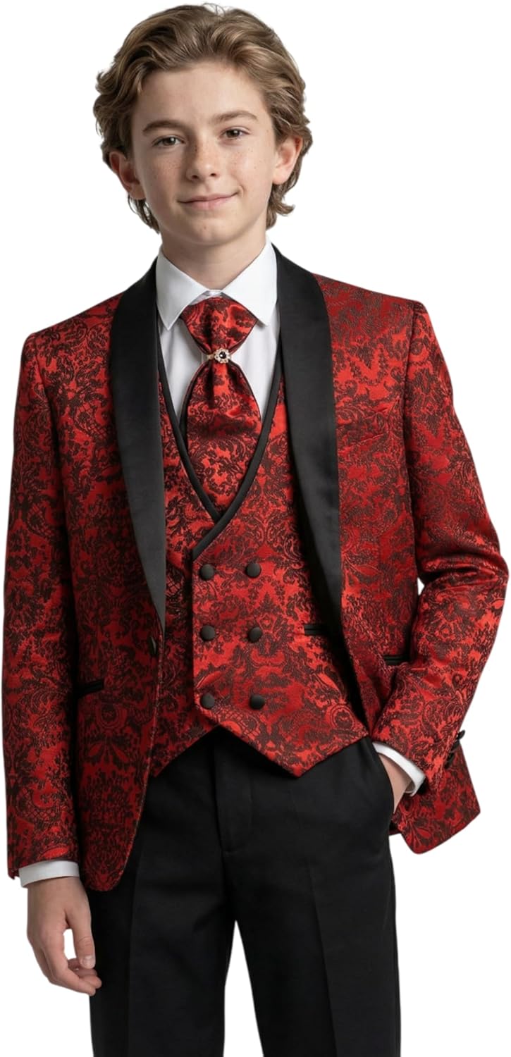 SIRRI Boys Floral Paisley Tuxedo Dinner Suit, 5 Piece Set for Pageboy Weddings & All Special Occasions