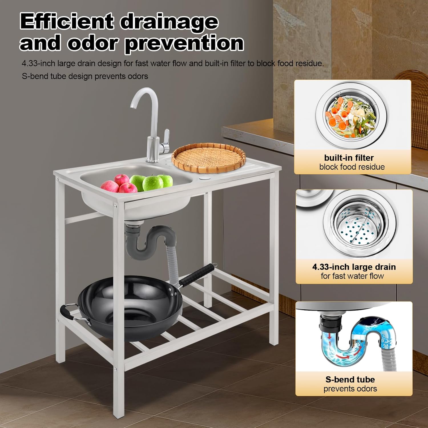 Stainless Steel Free-Standing Sink with 360° Rotatable Faucet – Large 29.5" Kitchen Sink - Quick Drain, Outdoor Utility laundry Sinks for Laundry Room, Garden, Terrace, Etc.