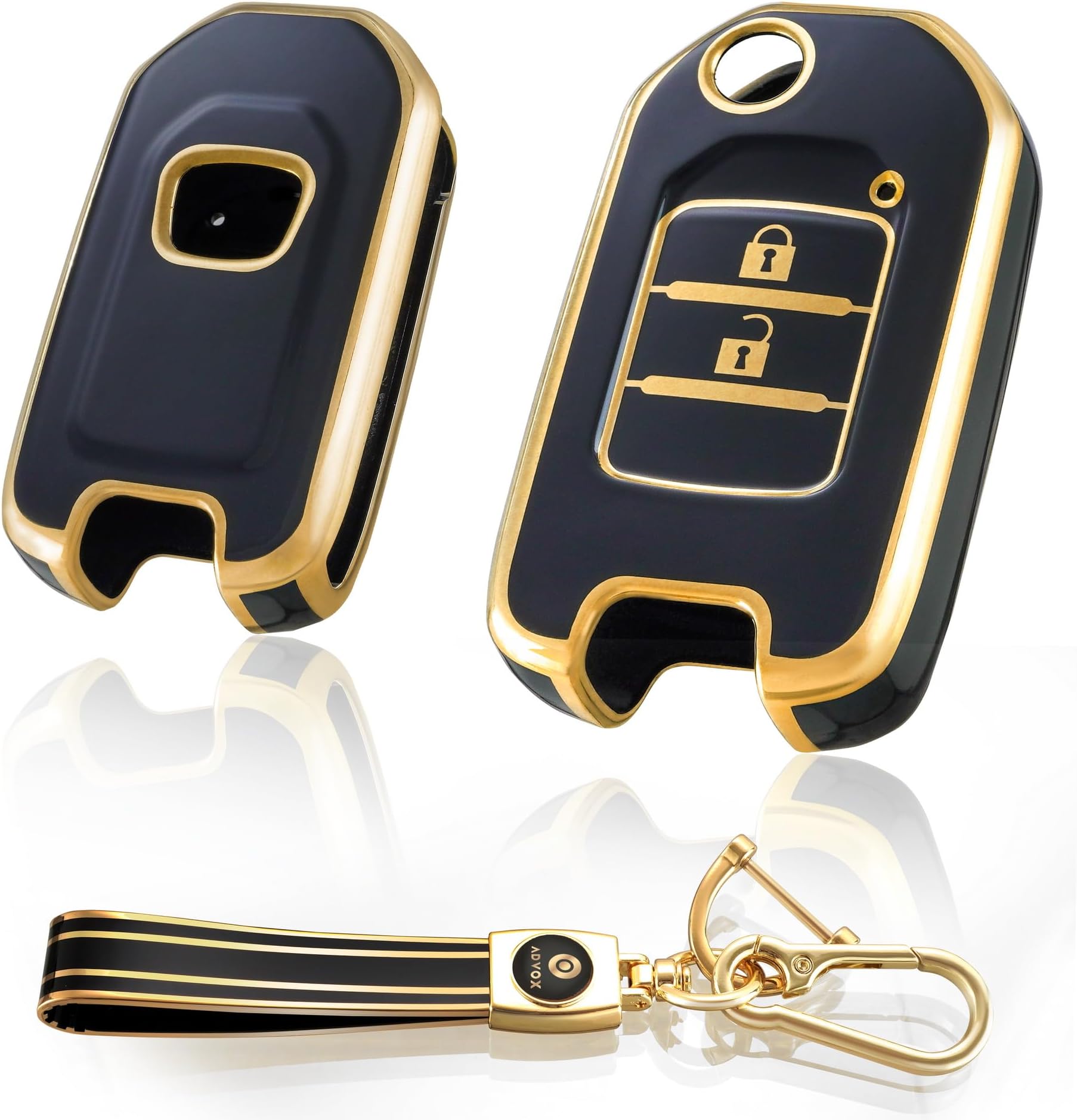 ADVOX® TPU Key Cover for City Honda CRV Accord Jazz City 2014-2016 2 Buttons with Keychain (Black Gold) with Keychain