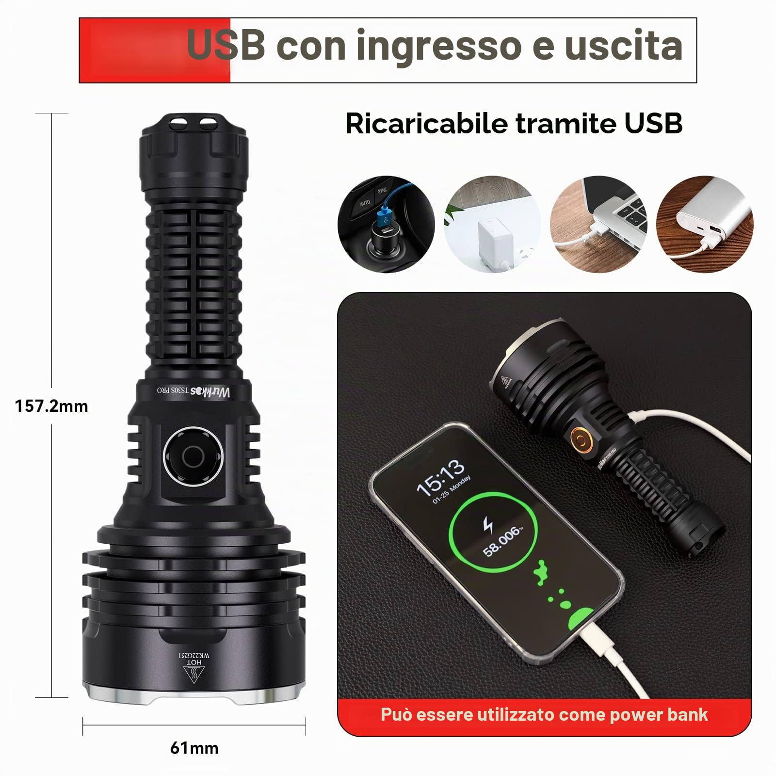 Wurkkos TS30S PRO Torcia Led 6000 Lumen Portata 1086 M, IP68 Impermeabile | SBT90.2 Torcia LED Estremamente Luminosa Ricaricabile USB con Anduril 2.0 UI, Torcia con Alto Lumen per Campeggio, Ecc