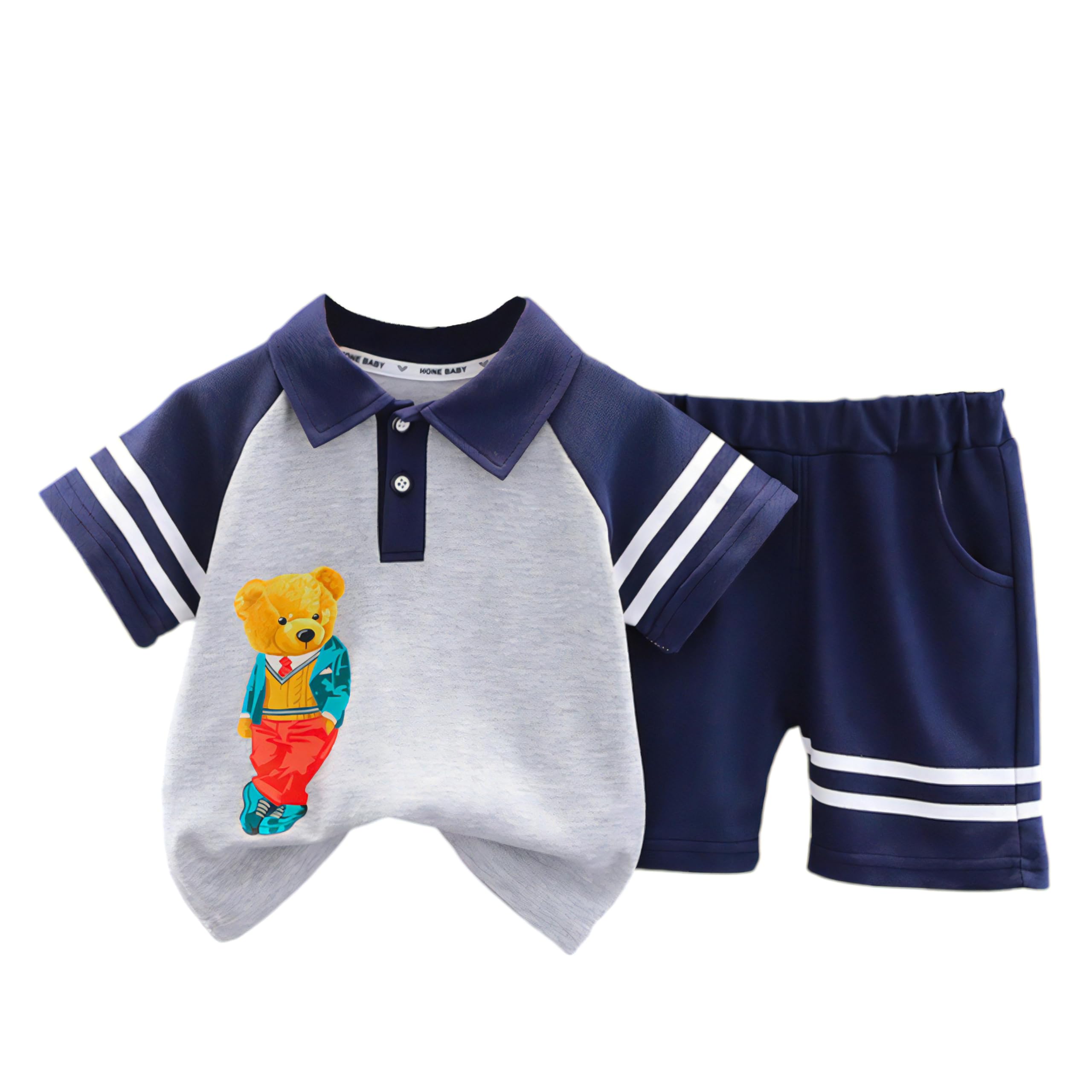 HONE BABYHosiery Cotton Teddy Bear Design Polo tshirt and Shorts Clothing Set for Boys - Grey Blue Color