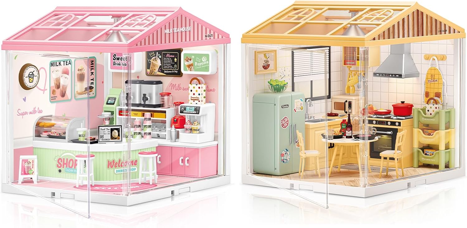 LED Building Blocks for Adults, 1:24 DIY Miniature Dollhouse Kits with Roof & Dustproof Cover, Tiny House Toy Building Sets for Kids Ages 8-12-15, Milk Tea Shop & Tidy Kitchen
