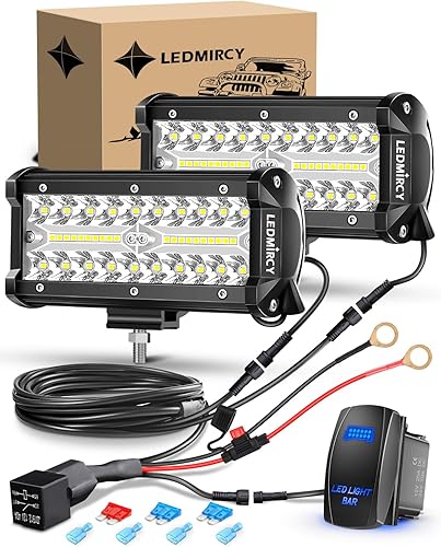 LEDMIRCY Kit de barra de luz LED de 7 pulgadas con interruptor basculante, arnés de cable, 2 luces LED de triple fila, haz combinado de inundación