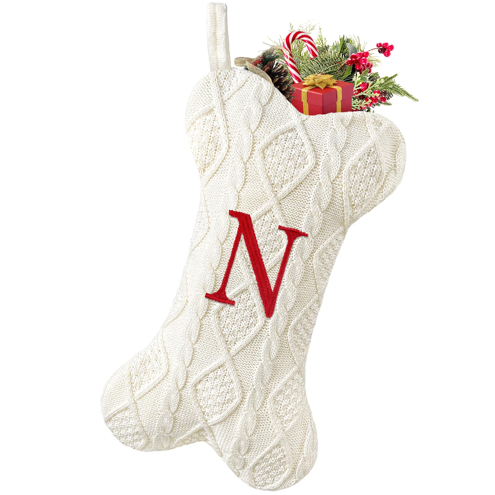 MalierDog Christmas Stocking, Knit White Christmas Stocking for Dogs, Bone Shape Dog Stocking Christmas Large Pet Stockings Hanging Dog Christmas Stocking for Dogs Cats Pets (White, N)