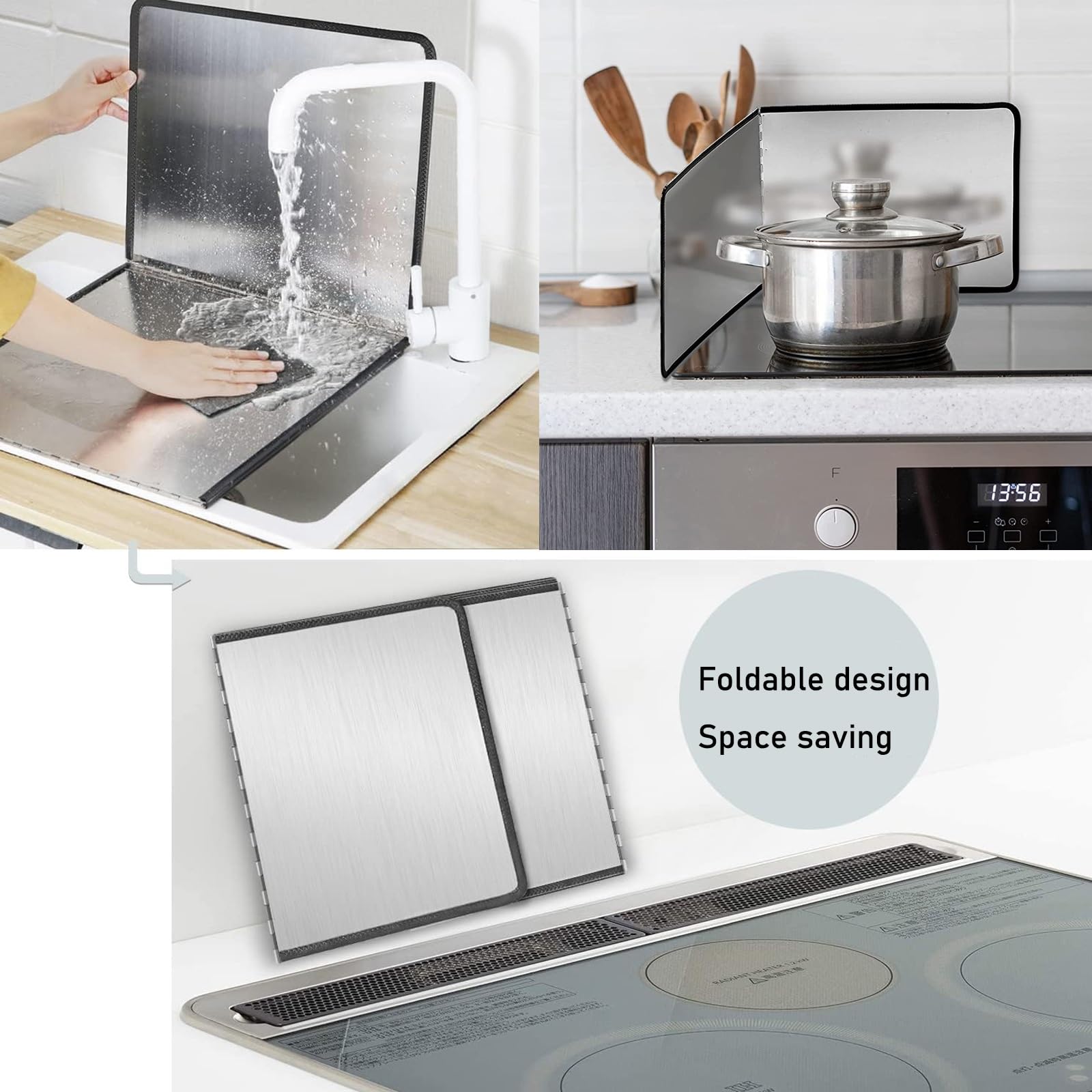 Juego de 2 protectores plegables de acero inoxidable para estufa, de doble cara, 35 x 35 cm, protector de grasa para cocina, fácil de limpiar, tamaño ajustable para seguridad en la cocina