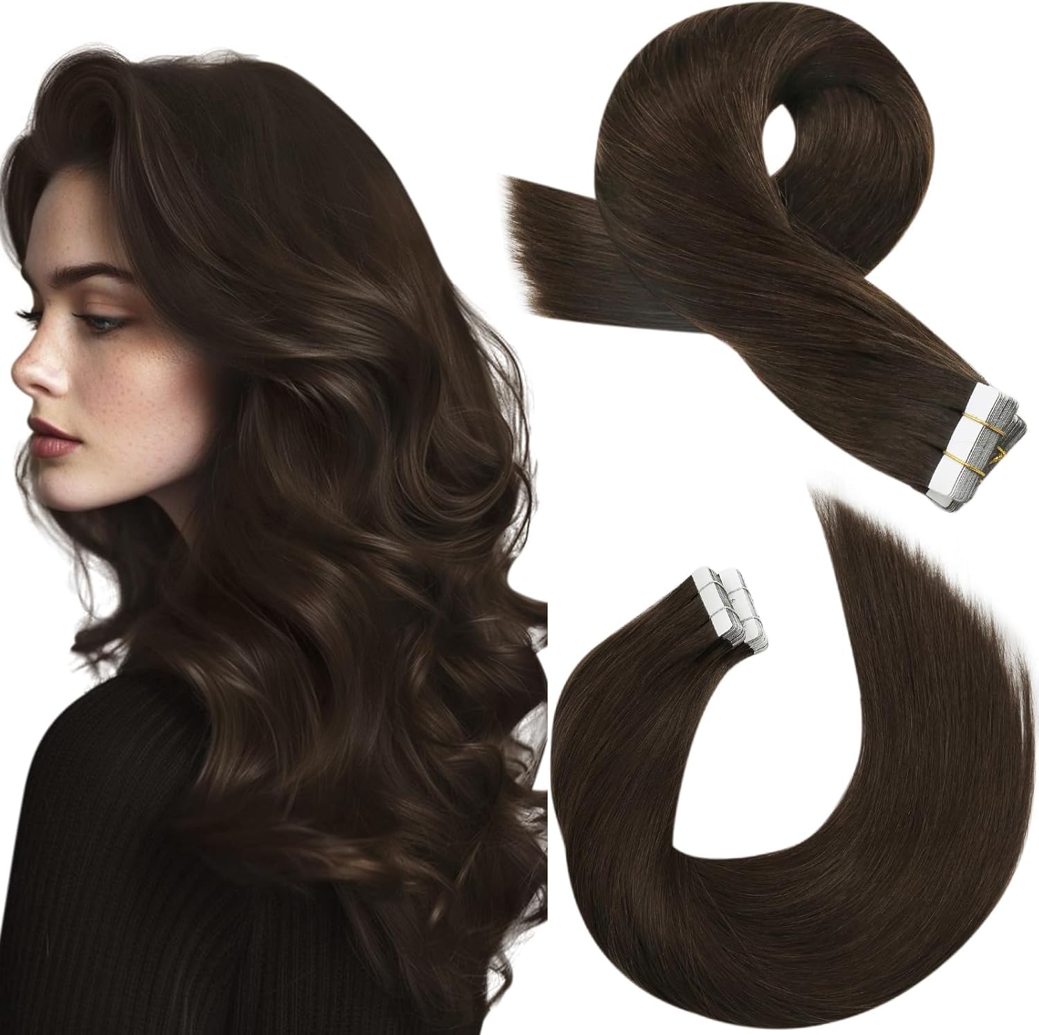 Foreign Holics Hair Extensions Tape in Human Hair Dark Brown 18 Inch Hair Extensions for Women Tape in Extensions Human Hair Dark Brown Tape Hair Extensions Seamless Human Hair (5)-image-31